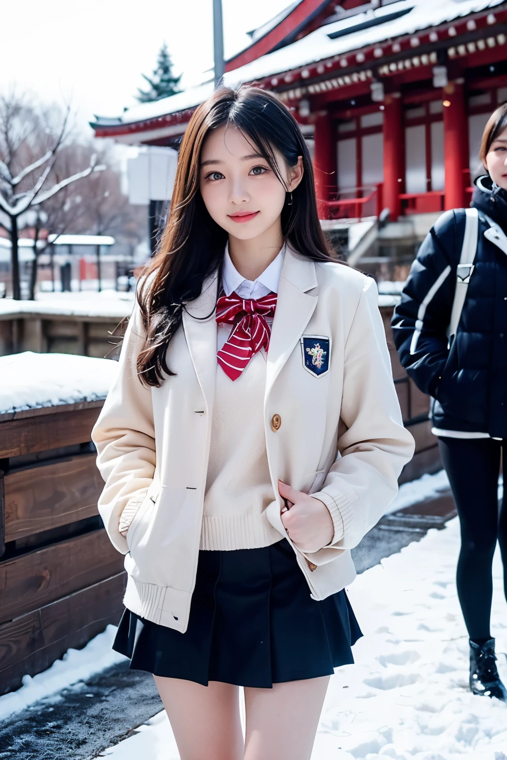 Two girl (20 years old, Japanese pretty face)  is wearing high school uniform with mini skirt at snowy city.