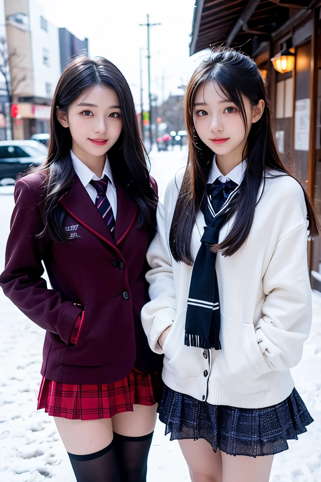 Two girl (20 years old, Japanese pretty face)  is wearing high school uniform with mini skirt at snowy city.