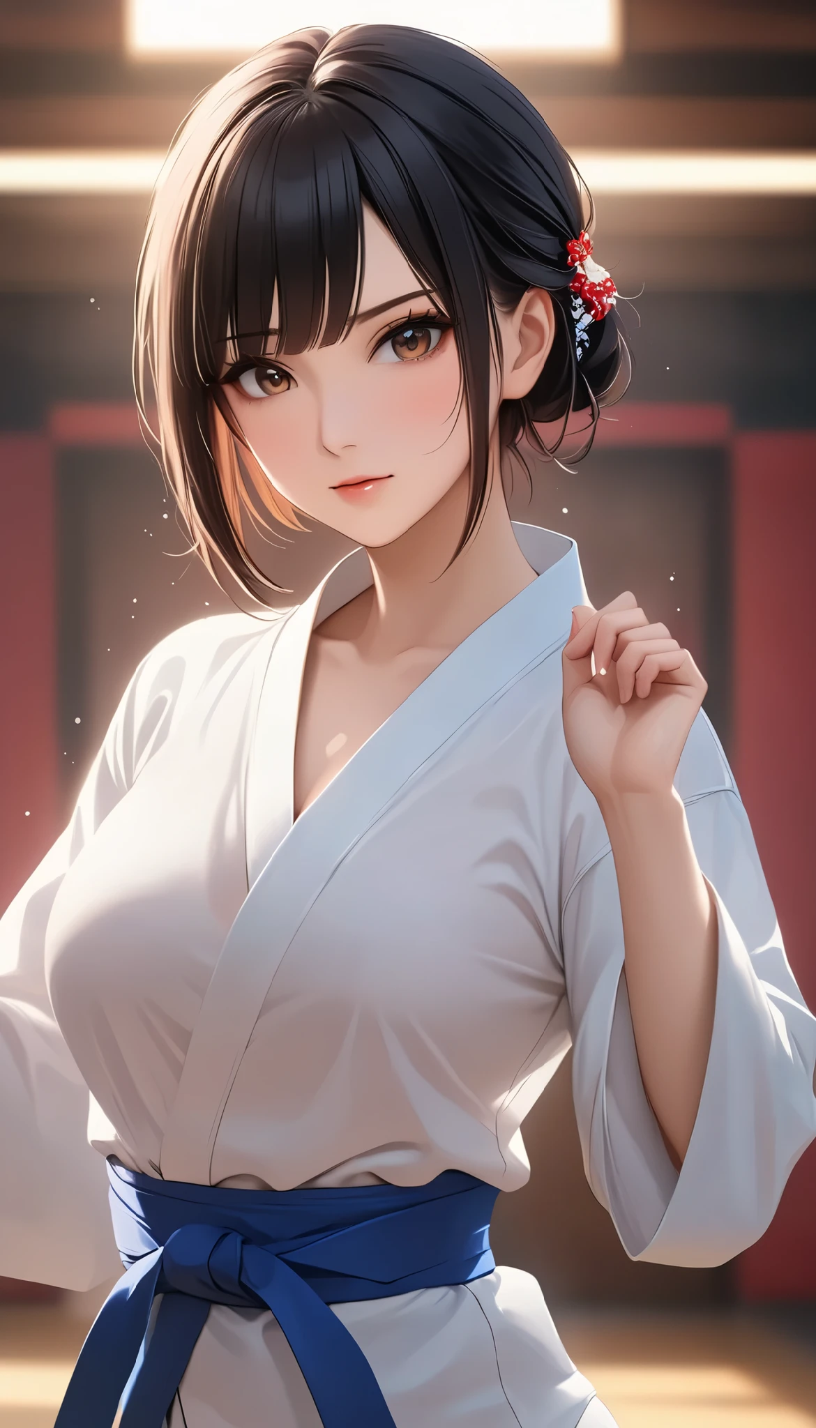（（ Big breasted girls))、(((  Open Front Shirt))、(((Empty-handed)))、(    black hair)、(blunt bangs)、(  short hair)、(  wet hair)、(erotic female karate )、((  sweaty ))、(  growing skin )、((Serious))、((  blanking))、(((Karate Dojo)))、((Graceful Paintings  ))，(  Masterpiece　 Exquisite RAW Photos  :1.25), (  top quality:1.6), (   super high resolution :1.5), (  by Mr. Nomi:1.75),   8k resolution　,   Canon EOS R5  , 50mm, Abs urd,   very detailed,Cinema Lighting、(:1.5)