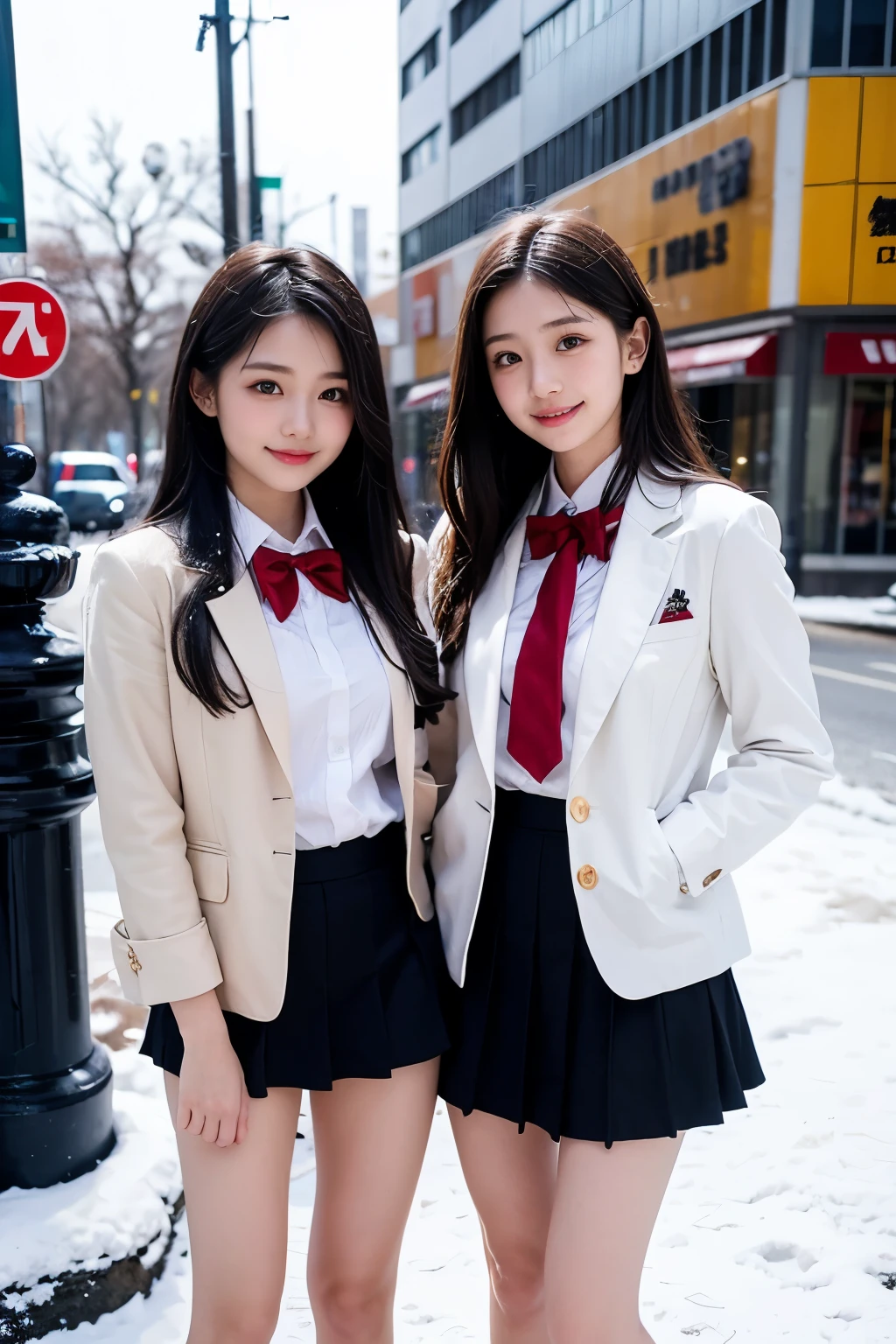 Two girl (20 years old, Japanese pretty face)  is wearing high school uniform with mini skirt at snowy city.