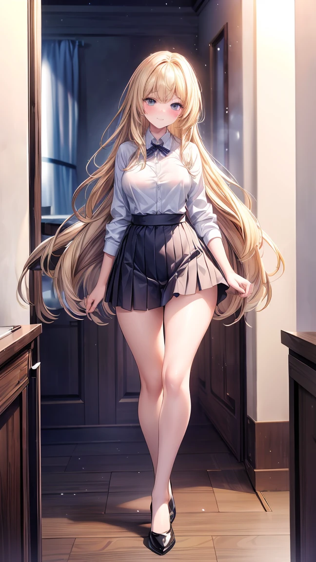 step on, sole, view from directly below, high image, super detail, high resolution, anime, manga, illustration, fantasy, super intelligent beauty, amorous expression, embarrassed look, seductive look, laugh like a prankster, happy, shy, messy light brown hair, sparkling blue eyes, pink lips, huge breasts, under boob, great proportion, perfect proportion, slender, full body, flared mini skirt, roll up the skirt
