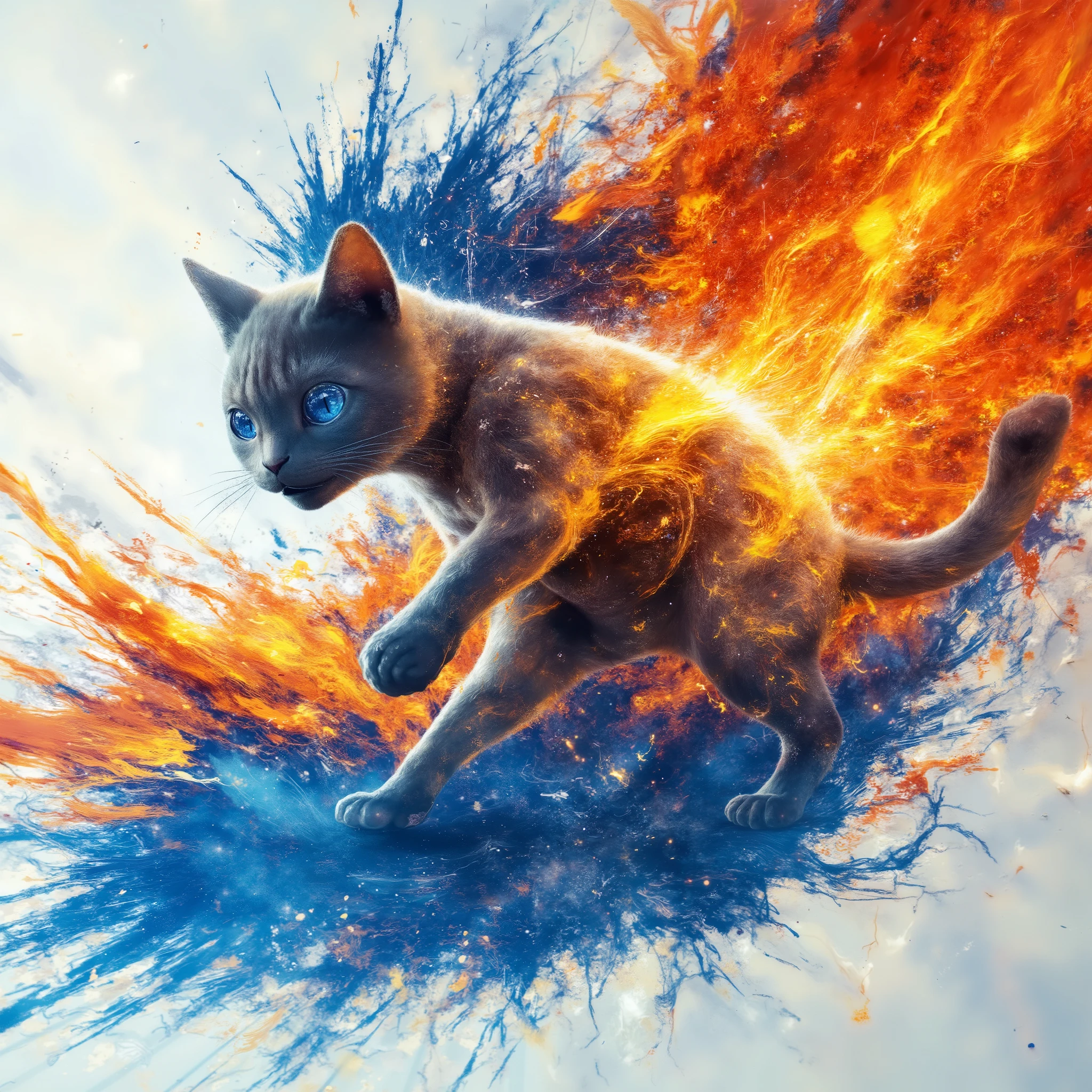 Transparent Cat, high res, blue eyes, solo, Action Painting , Concentrated line, Speed line gray cat