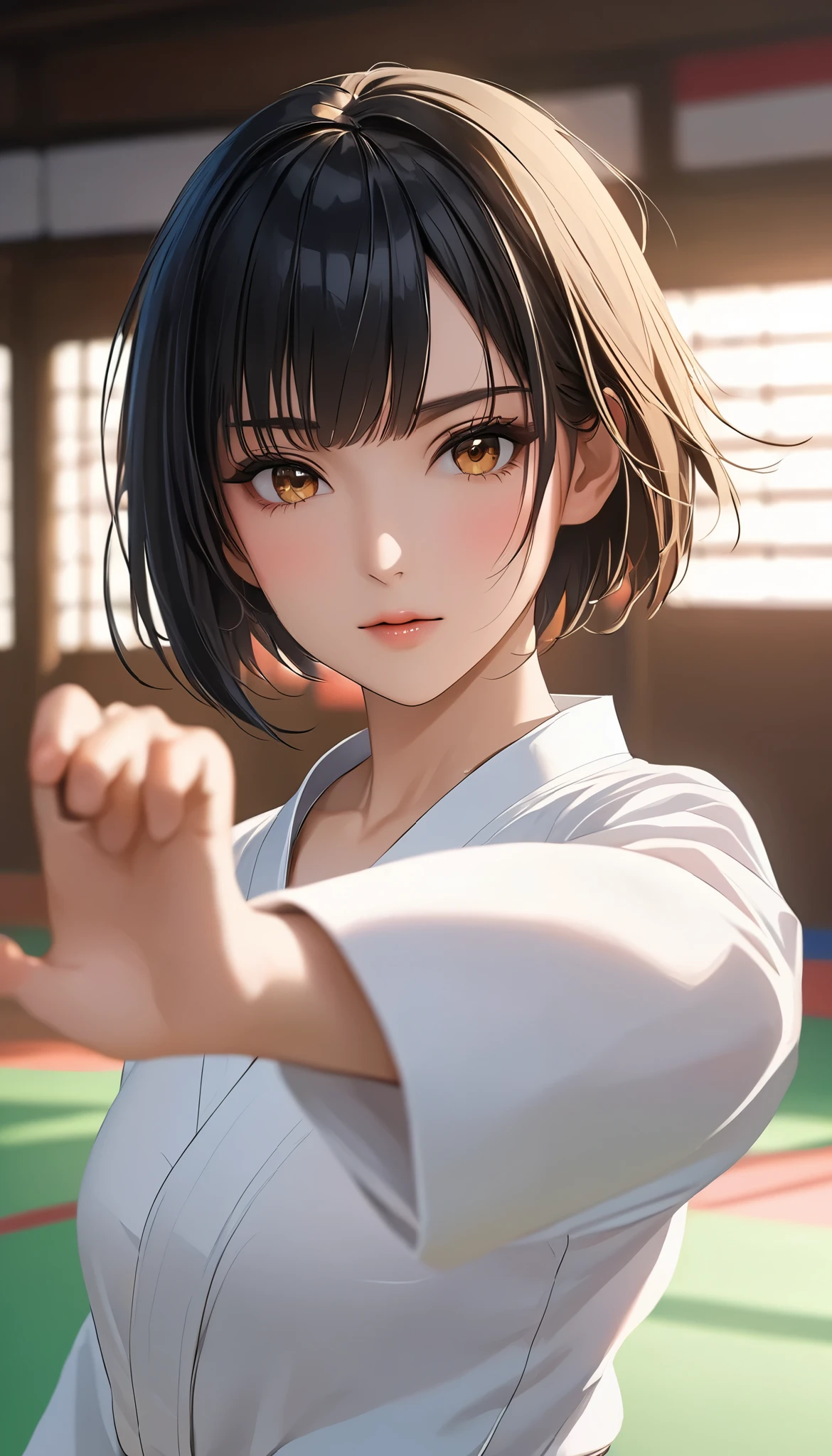 (( Big breasted girls))、((( Karate uniform with open front))、(((Empty-handed)))、( black hair)、(blunt bangs)、( short hair)、( wet hair)、(Passionate female karate )、( Intense Action ), (( sweaty ))、( growing skin )、((Serious))、(( blanking))、(((Karate Dojo)))、((Graceful Paintings )),( Masterpiece Exquisite RAW Photos :1.25), ( top quality:1.6), ( super high resolution :1.5), ( by Mr. Nomi:1.75), 8k resolution , Canon EOS R5 , 50mm, Abs urd, very detailed,Cinema Lighting、(:1.5)