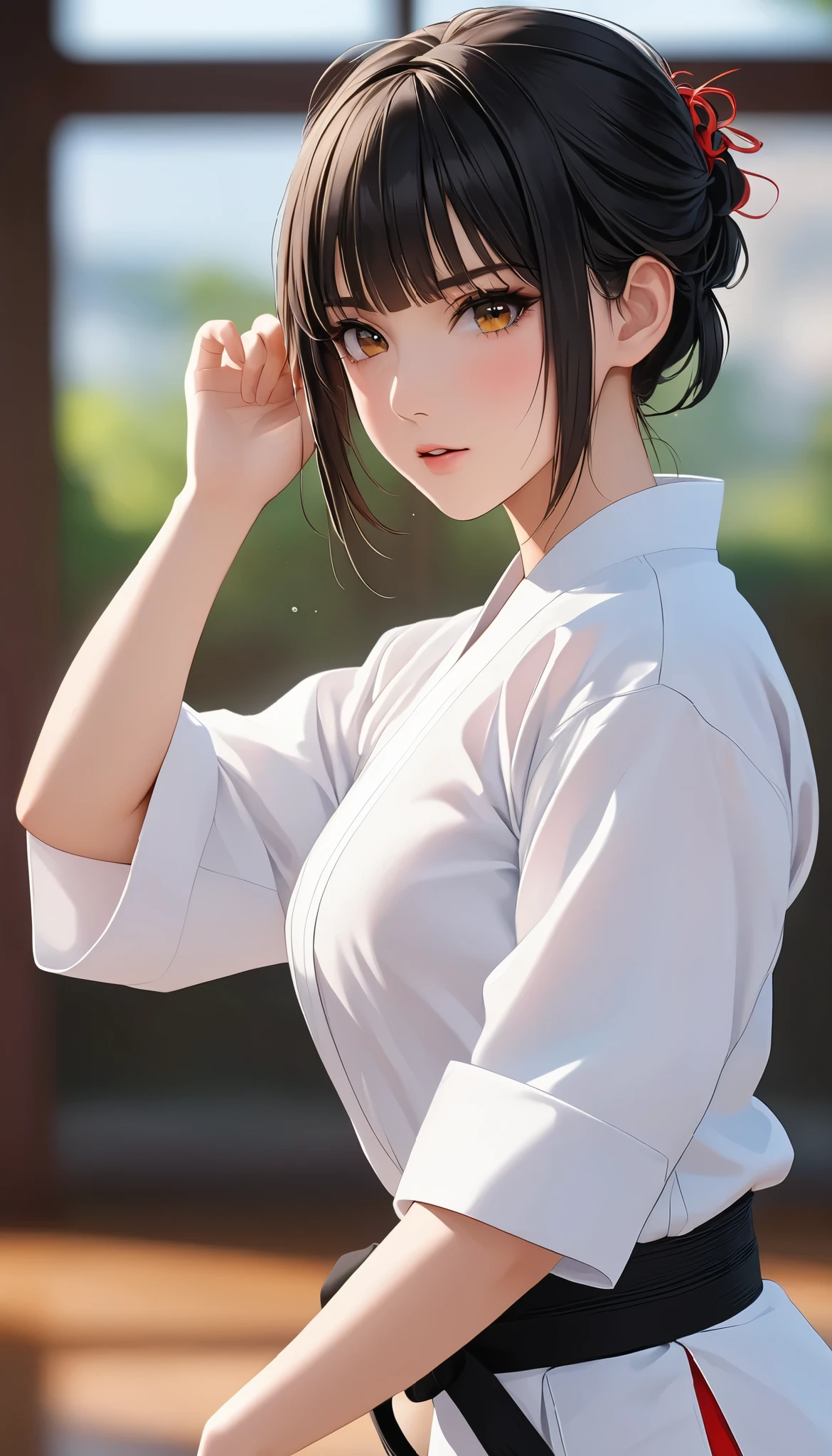 (( Big breasted girls))、((( Karate uniform with open front))、(((Empty-handed)))、( black hair)、(blunt bangs)、( short hair)、( wet hair)、(Passionate female karate )、( Intense Action ), (( sweaty ))、( growing skin )、((Serious))、(( blanking))、(((Karate Dojo)))、((Graceful Paintings )),( Masterpiece Exquisite RAW Photos :1.25), ( top quality:1.6), ( super high resolution :1.5), ( by Mr. Nomi:1.75), 8k resolution , Canon EOS R5 , 50mm, Abs urd, very detailed,Cinema Lighting、(:1.5)