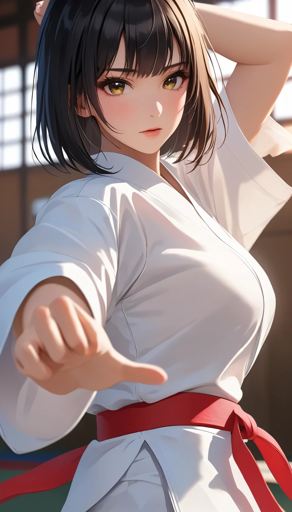（（ Big breasted girls))、((( Karate uniform with open front))、(((Empty-handed)))、(    black hair)、(blunt bangs)、(  short hair)、(  wet hair)、(Passionate female karate )、( Intense Action ), ((  sweaty ))、(  growing skin )、((Serious))、((  blanking))、(((Karate Dojo)))、((Graceful Paintings  ))，(  Masterpiece　 Exquisite RAW Photos  :1.25), (  top quality:1.6), (   super high resolution :1.5), (  by Mr. Nomi:1.75),   8k resolution　,   Canon EOS R5  , 50mm, Abs urd,   very detailed,Cinema Lighting、(:1.5)