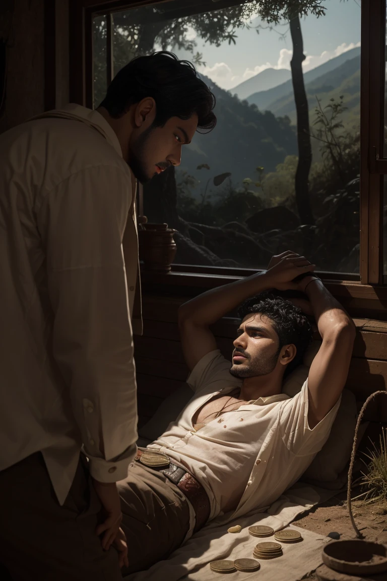 *young beautiful Latin gay man is in bed laying on his stomach and his strong gay lover is standing over him looking at him longingly, 1930s elegance, extreme wide shot