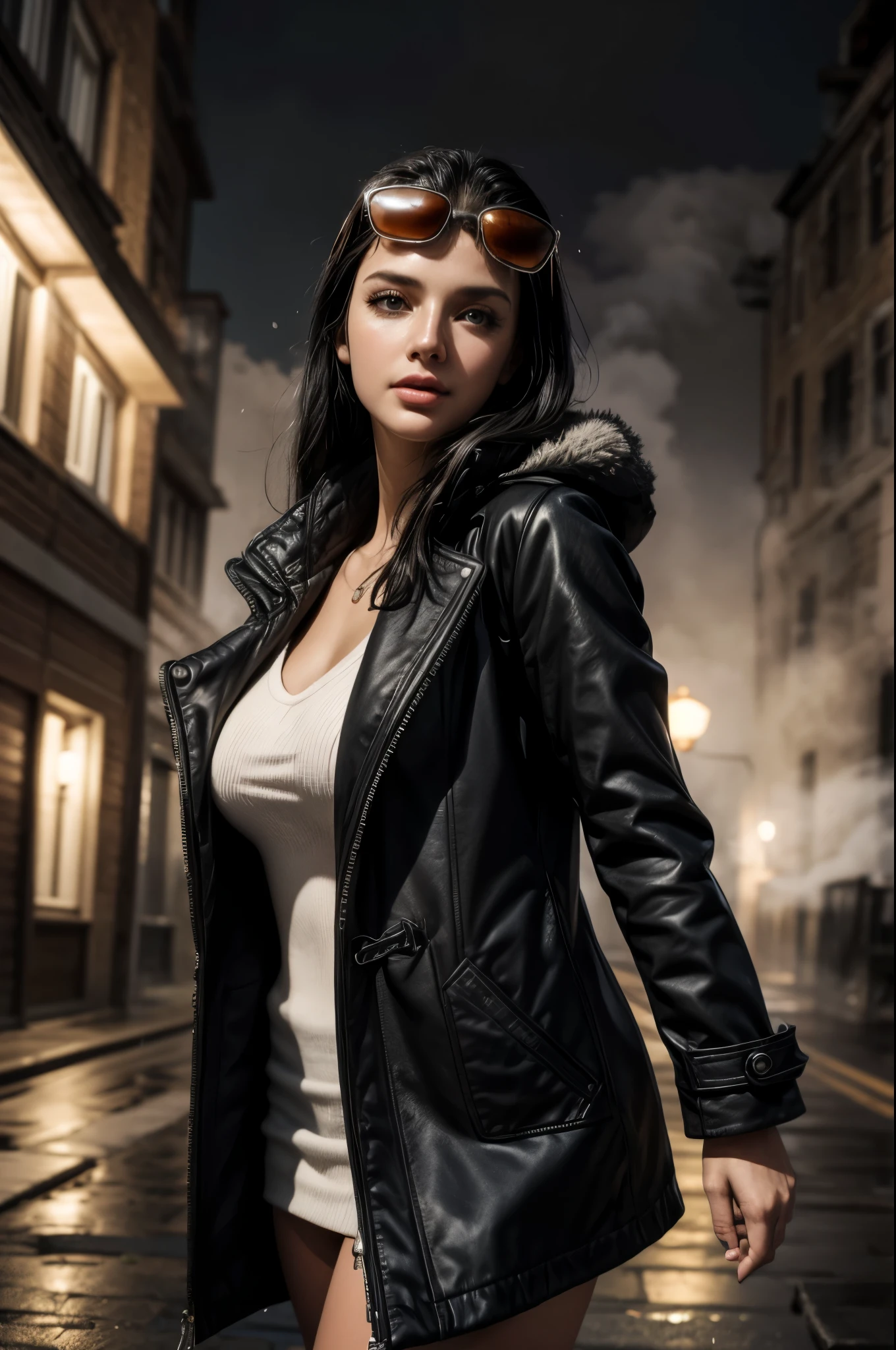 masterpiece, best quality, extremely detailed, hyperrealistic:1.1, photorealistic, a beautiful 20s russian model, ultra detailed face:1.1, sunglasses on head:1.1, black duffle coat, black hair, nightmarish, mystical fog, smoke, rainy night, laughing:1.1, walking, strenuous movements, from above, dynamic angle