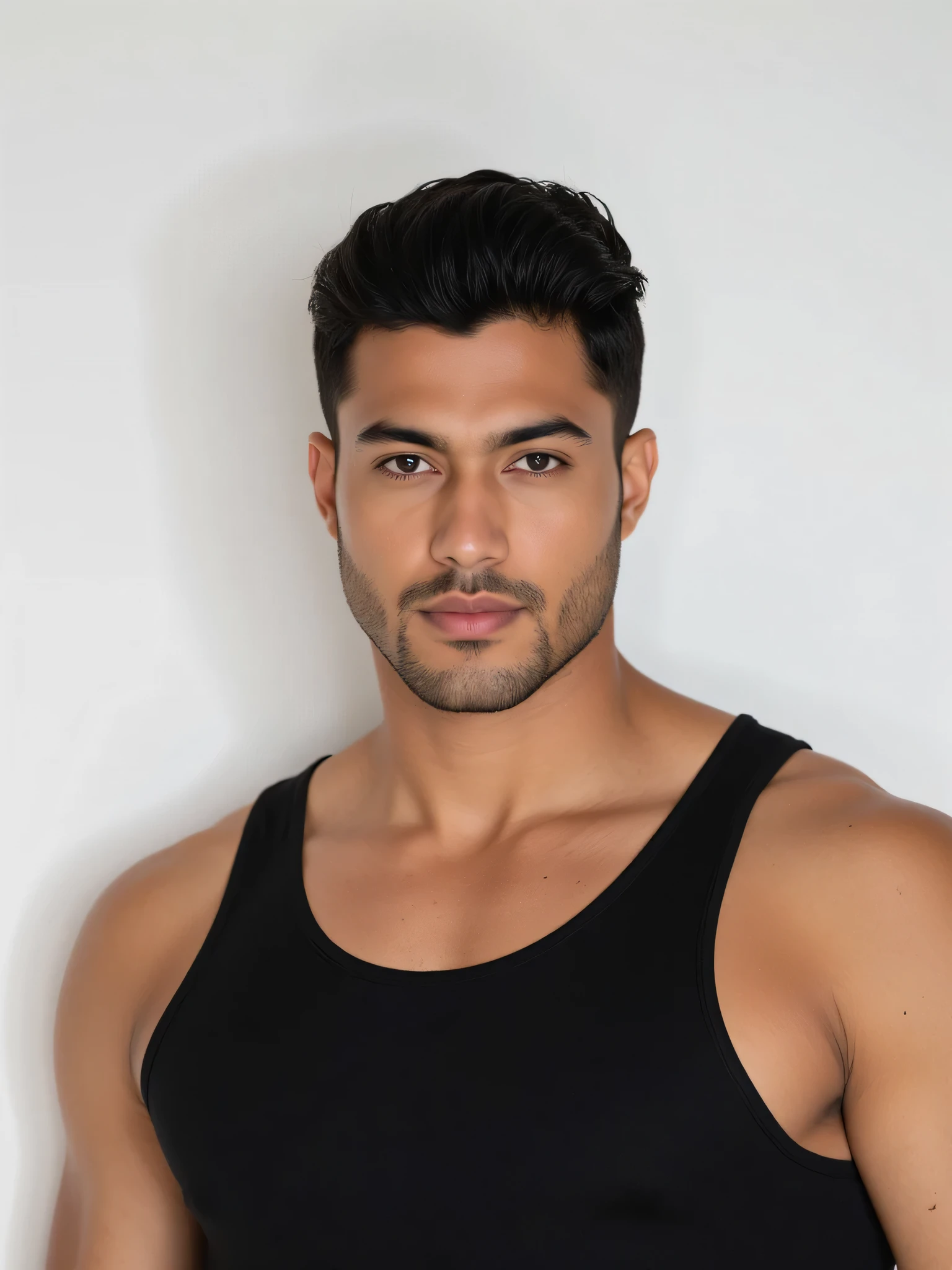 male focus, <lora:fmounshed-14:0.75> (headshot) photo of fmounshed, light bokeh, blurred natural background, natural light, relaxed serious expression, black tank top, silver necklace, facial hair, soft diffused lighting, smirk