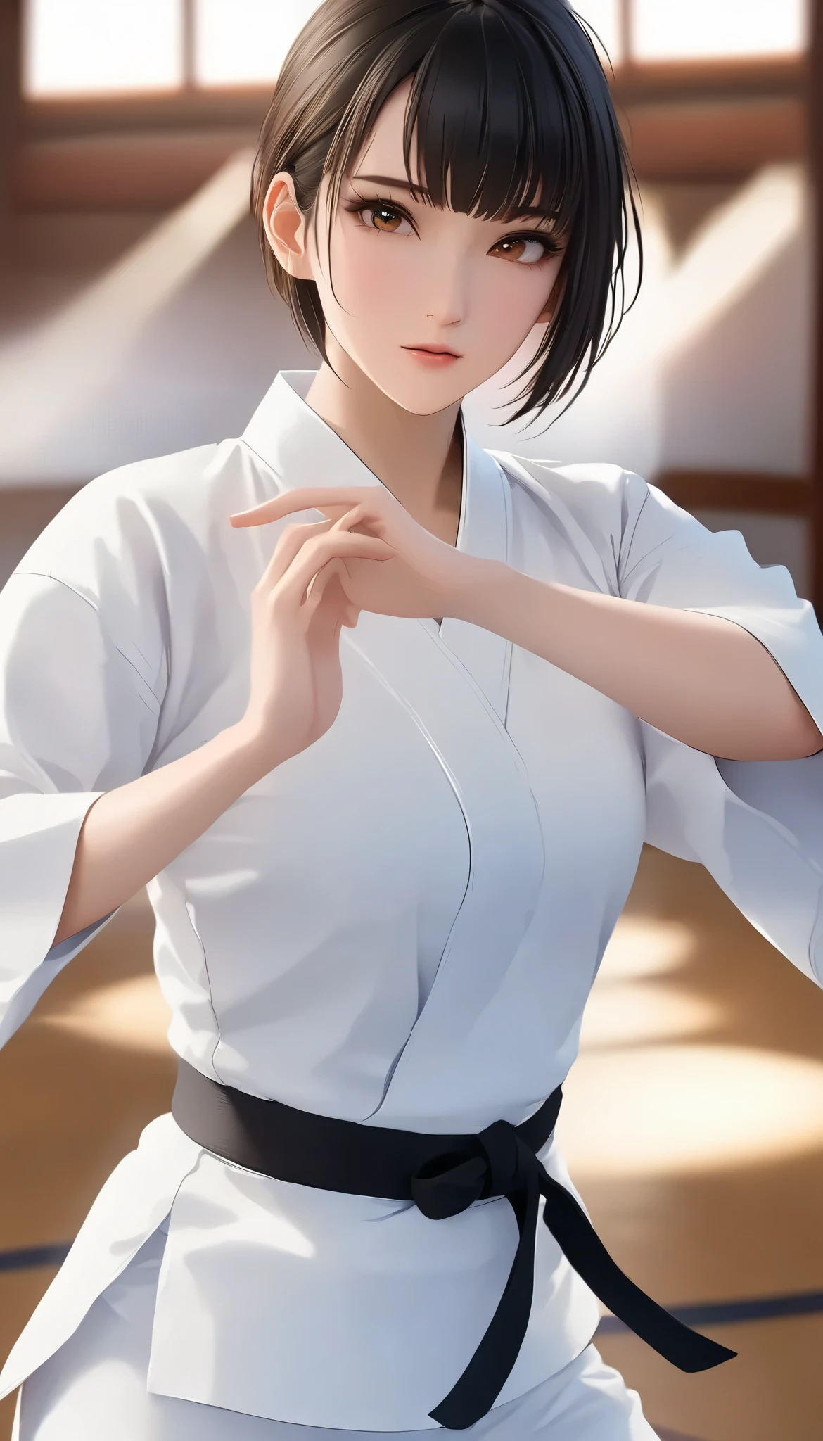 (( Big breasted girls))、((( Karate uniform with open front))、(((Empty-handed)))、( black hair)、(blunt bangs)、( short hair)、( wet hair)、(Passionate female karate )、( Intense Action ), (( sweaty ))、( growing skin )、((Serious))、(( blanking))、(((Karate Dojo)))、((Graceful Paintings )),( Masterpiece Exquisite RAW Photos :1.25), ( top quality:1.6), ( super high resolution :1.5), ( by Mr. Nomi:1.75), 8k resolution , Canon EOS R5 , 50mm, Abs urd, very detailed,Cinema Lighting、(:1.5)