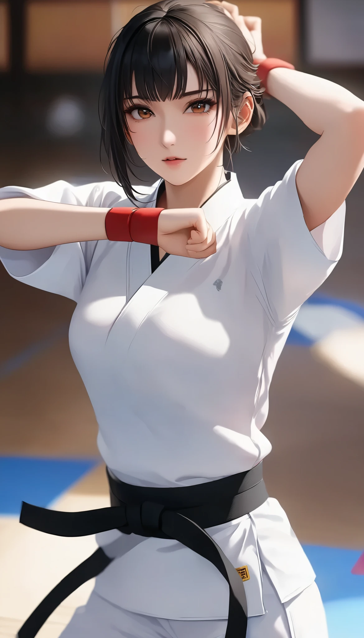 (( Big breasted girls))、((( Karate uniform with open front))、(((Empty-handed)))、( black hair)、(blunt bangs)、( short hair)、( wet hair)、(Passionate female karate )、( Intense Action ), (( sweaty ))、( growing skin )、((Serious))、(( blanking))、(((Karate Dojo)))、((Graceful Paintings )),( Masterpiece Exquisite RAW Photos :1.25), ( top quality:1.6), ( super high resolution :1.5), ( by Mr. Nomi:1.75), 8k resolution , Canon EOS R5 , 50mm, Abs urd, very detailed,Cinema Lighting、(nipples:1.5)