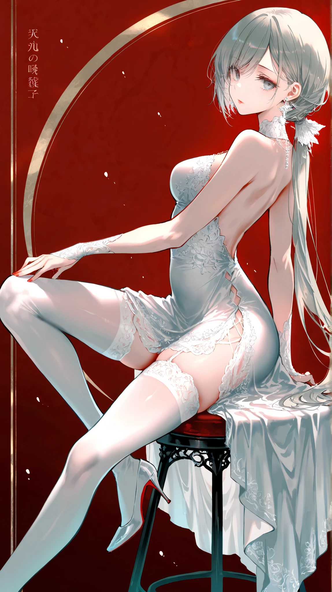 Arav is sitting on the stool,phone in hand, smooth anime cg art, cute elegant pose, Stylish white skinny suit, Sit Pose, The character is in a natural pose, Elegant and seductive posture, Anime Barbie wearing white stockings, A surreal schoolgirl, Casual pose, A sexy pose, surreal school girl, Popular topics on cgstation