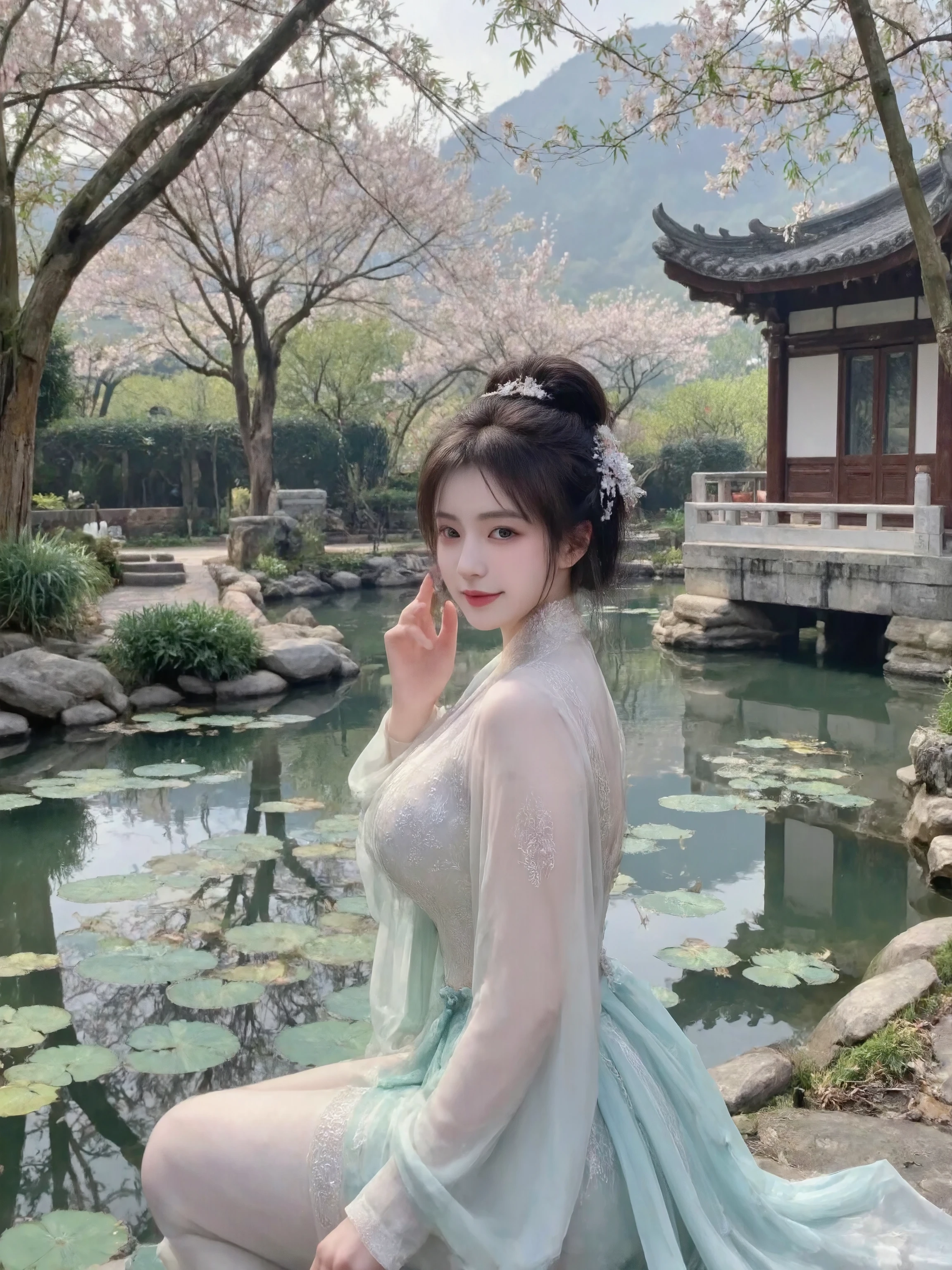 ((masterpiece)), ((best quality)), intricate details:1.5, 8K resolution, cinematic lighting, Neo-Chinese aesthetics, ethereal maiden in translucent layered hanfu (pale aqua gradient with moon-white undertones), silver-thread embroidery, flowing sleeves, jade hairpin in ink-black updo, serene smile by lotus pond, morning mist diffusion, ink-wash mountain backdrop, winding stone path through peach blossom grove, traditional pavilion with upturned eaves, bamboo shadows, weeping willow tendrils, watercolor texture on xuan paper, mix of gongbi realism and ink wash techniques, semi-transparent chiffon fabric (opacity 0.6), color palette: pearl/mint/lavender/celadon gradient
