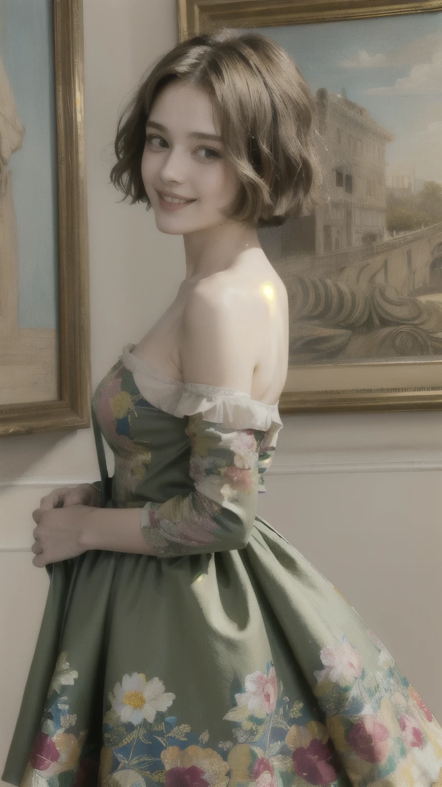 358 (20-year-old woman),( short hair), ( High Definition Photos ), (smile), (colorful floral dress), (Leonardo da Vinci paintings)