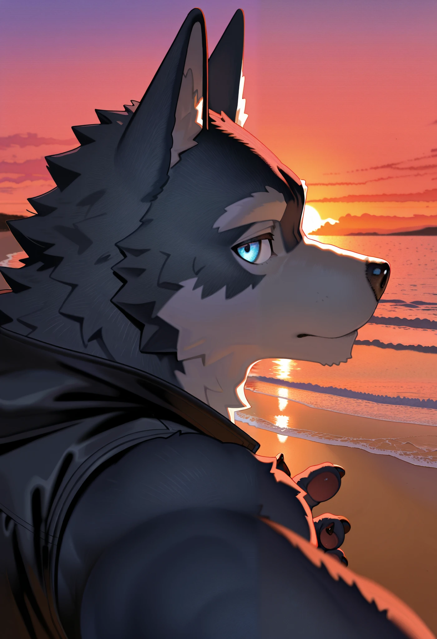wolf ,solo, furry, male,close up, reaching, upper body, sunset, sleeveless jacket, looking at viewer, close up, beach, side view,detailed eyes, nice eyes, 

,2024, 2023, 2022, r4cc00n21, masterpiece,best quality,amazing quality,