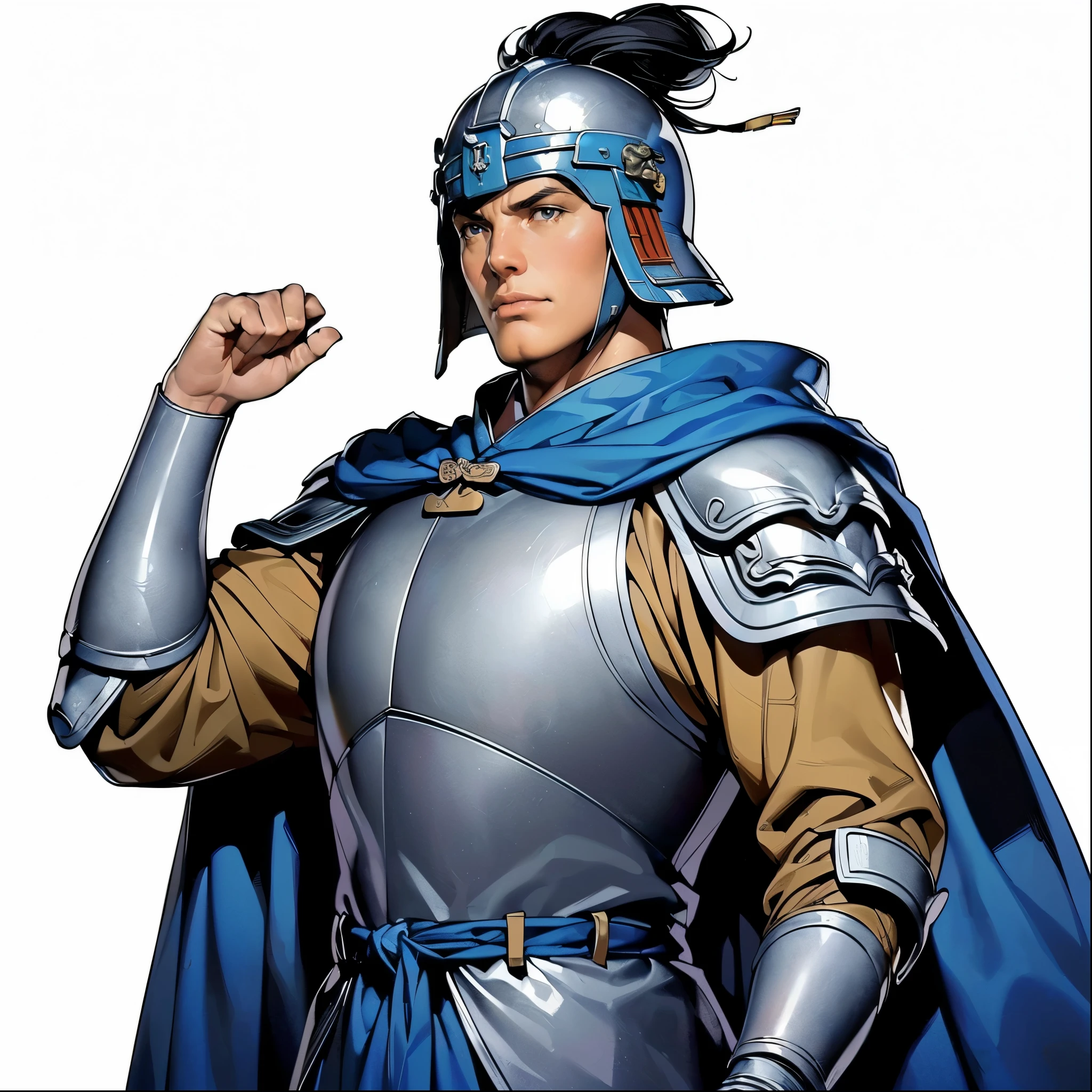 ( top quality,4K,8k, high res, Masterpiece:1.2),super detailed,(super fine illustration),((A Man in an Armor Helmet )),Age 30, detailed eyes:1.2, perfect eyes,(( Attractive Dark Eyes )),( black hair:1.3),((Cheerful face:1.2)),cinematic lighting, soft shadows,(( Ancient Chinese Silver Armor :1.3, Deeply Wore Ancient Chinese Helmet :1.3,large blue cloak :1.3)),(( cowboy shot:1.2,from side)),(( WHITE BACKGROUND :1.3,simple background:1.3)),(( standing:1.3, Depicted so you can't see it through the tip of your head:1.3))
