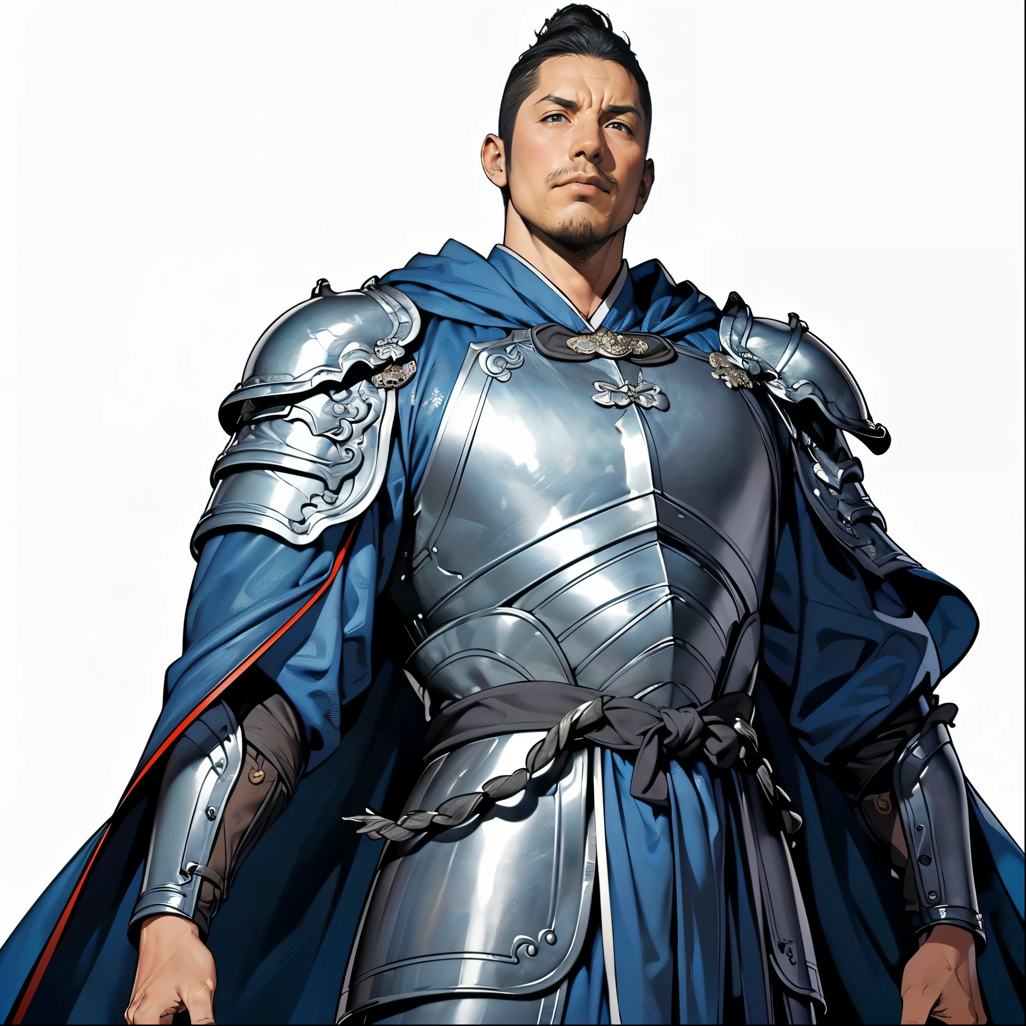 ( top quality,4K,8k, high res, Masterpiece:1.2),super detailed,(super fine illustration),((One Man in Armor)),Age 30, detailed eyes:1.2, perfect eyes,(( Attractive Dark Eyes )),( black hair:1.3),((Confused face:1.2)),cinematic lighting, soft shadows,((Silver armor made from ancient Chinese ichthyoshells:1.3,large blue cloak :1.3)),(( cowboy shot:1.2,from below:1.1)),(( WHITE BACKGROUND :1.3,simple background:1.3)),(( standing:1.3, Depicted so you can't see it through the tip of your head:1.3))