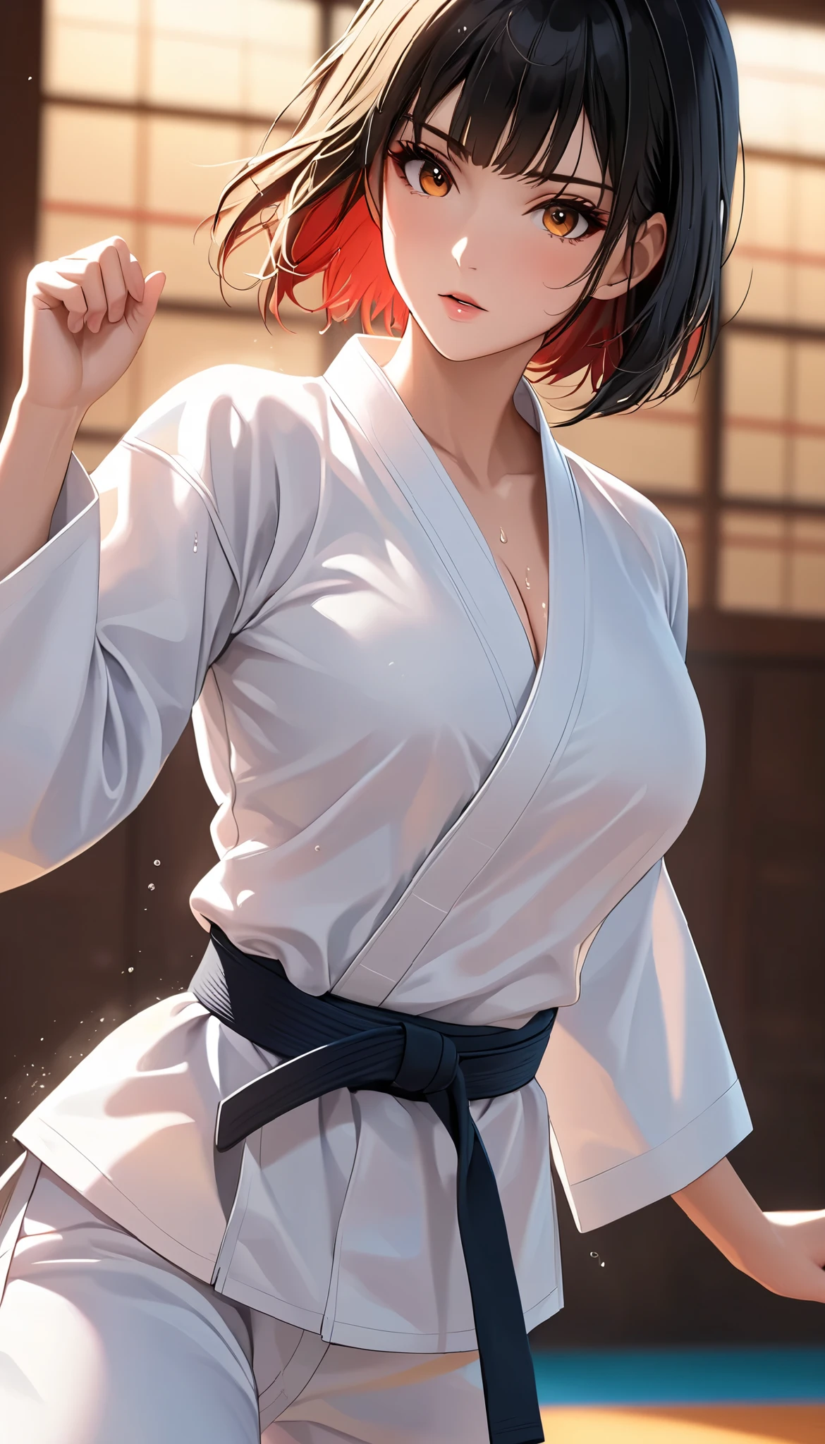 (( Big breasted girls))、((( Karate uniform with open front))、(((Empty-handed)))、( black hair)、(blunt bangs)、( short hair)、( wet hair)、(Passionate female karate )、( Intense Action ), (( sweaty ))、( growing skin )、((Serious))、(( blanking))、(((Karate Dojo)))、((Graceful Paintings )),( Masterpiece Exquisite RAW Photos :1.25), ( top quality:1.6), ( super high resolution :1.5), ( by Mr. Nomi:1.75), 8k resolution , Canon EOS R5 , 50mm, Abs urd, very detailed,Cinema Lighting、(nipples:1.5)