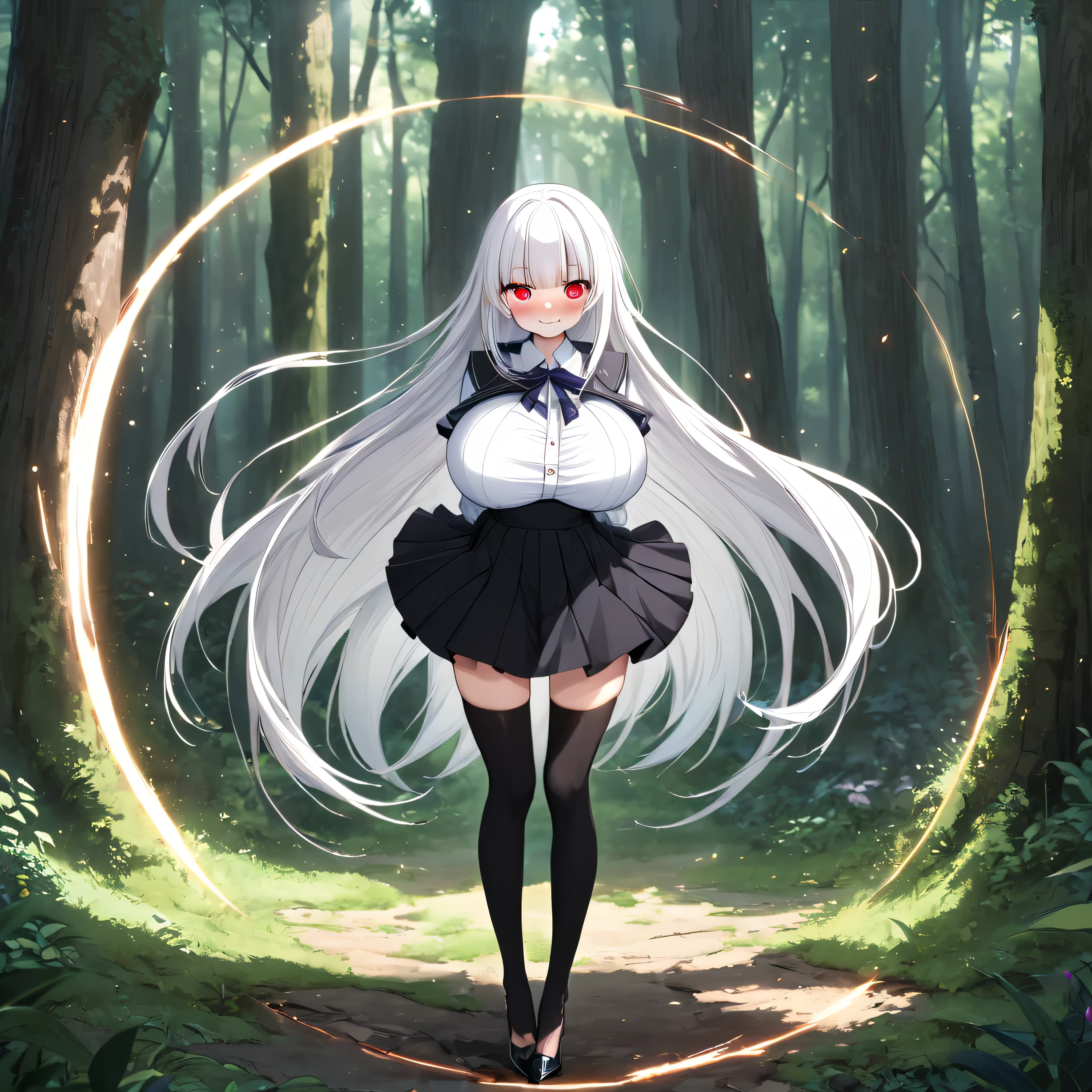 score_9, source_anime, masterpiece, detailed face, landscape, fantasy, forest, longtorso_v0.63_pony, shining magic circles, BREAK, solo, (1 small skinny girl standing), little wizard, (petite girl:1.3), arched back, (arms behind back), (arms down backward), (bouncing gigantic breasts:1.2), tiptoe, BREAK, glowing multicolored eyes, glowing eyes, (jitome), kind smile for viewer, BREAK, (absurdly long white straight hair:1.2), blunt bangs, very long sidelocks, BREAK, narrow shoulders, (bursting disproportionately gigantic breasts:1.2), (disproportionately short torso:1.1), (too short waist), (too narrow waist), (very small stomach), (skinny hip), (skinny thighs:1.1), (skinny legs:1.2), (very long legs), BREAK, flapping black frilled black short capelet, (frilled white shirts with open chest wide:1.3), (show off cleavage), (black too short high-waist skirt:1.3), thigh gap, (black thighhighs), stiletto heels, BREAK, orgasm, nose blush