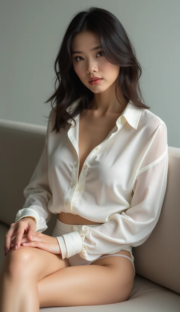 Superior Quality, Masterpiece, Ultra High Resolution, (Photorealistic: 1.4), Raw Photo, Deep Shadows, girl, classroom, sitting at desk, white blouse open, fine clothing, transparent clothing, legs open