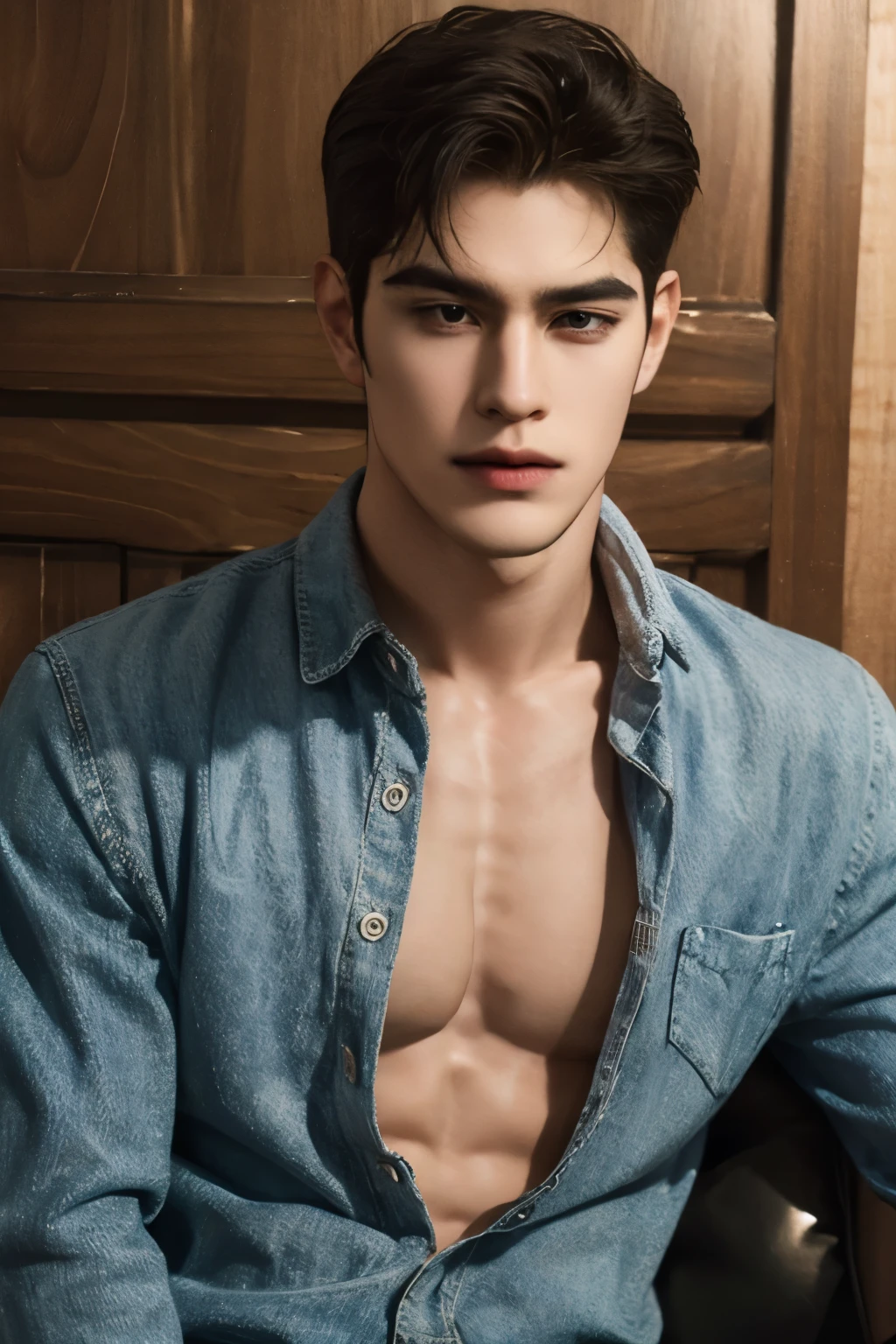 (8K, RAW photo, Highest quality),Realistic,1asian man,frontage,Intricate details,Closed mouth,Extremely detailed eyes and eyelashes,Delicate headgear,Muscular male,Manly,looks away, Male focus,Solo, wearing jean jacket, button opened , Exposing the pectoral muscleposing, fully naked, correct looking penis, well-shaped penis, smooth penis and balls,Knock on the buttocks,Lie down in bed,navy blue bed sheets, grey wallpaper ,No shoe full body esbian,Soft lighting,Cinematic lighting,Portrait,Close-up,Lovingly((The crotch is raised))