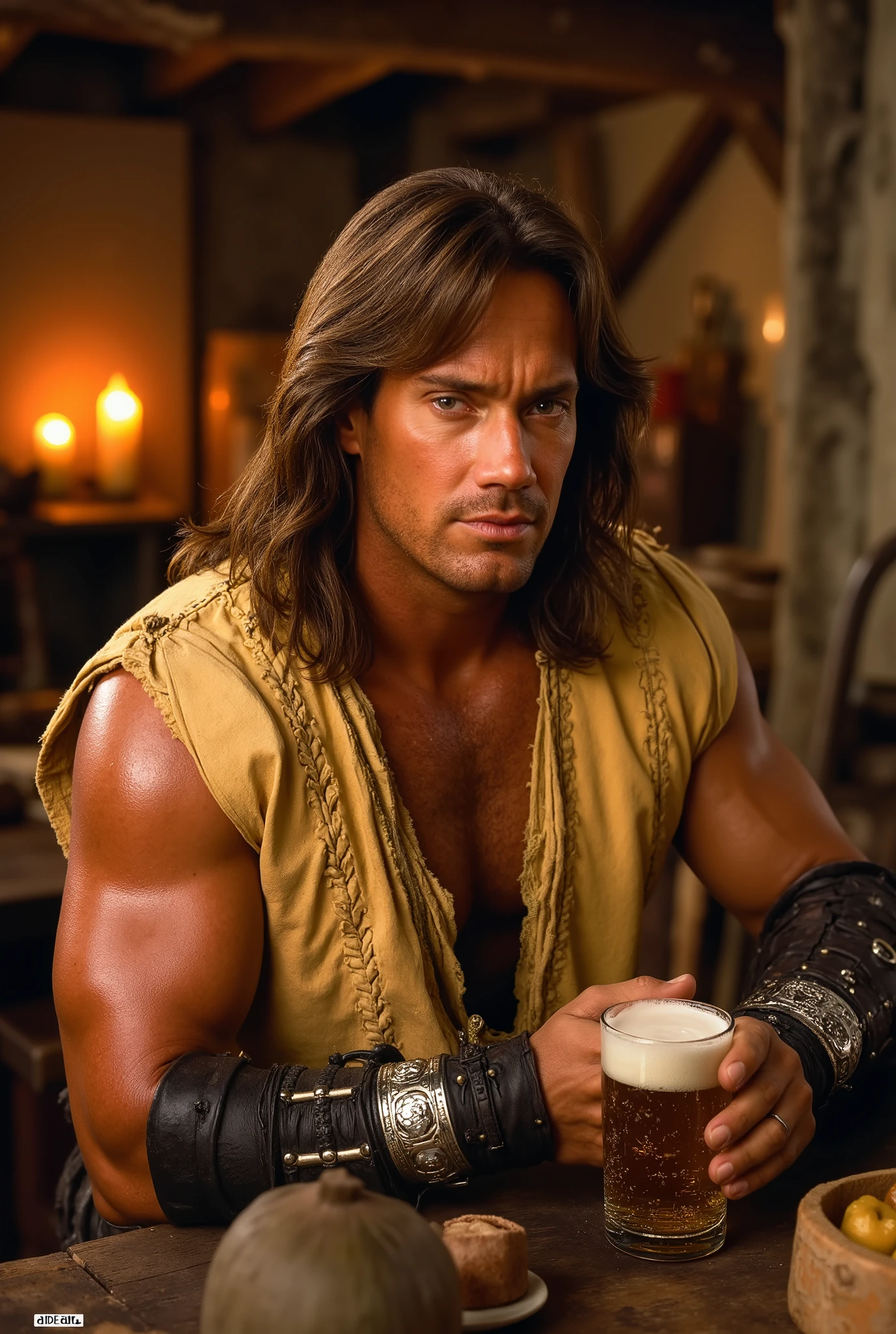 Hercules is a man with long hair and a yellow shirt. He is holding a beer in a medieval tavern. Face portrait, close-up.
