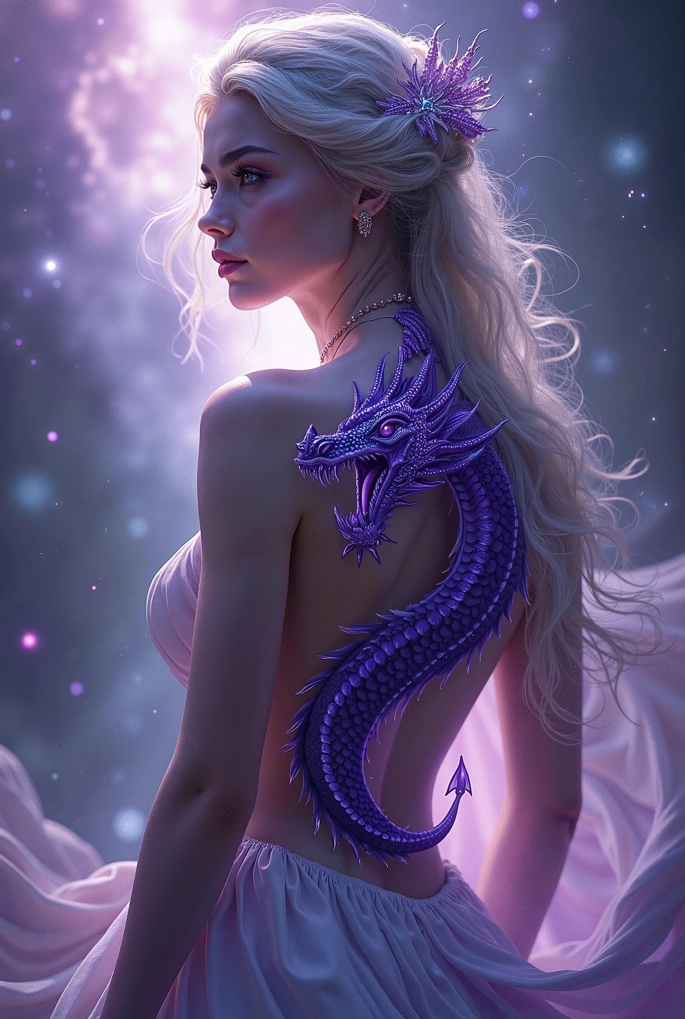 masterpiece, best quality, extremely detailed, nude woman with large breasts, riding on the back of a glistening purple dragon, galaxy sky background