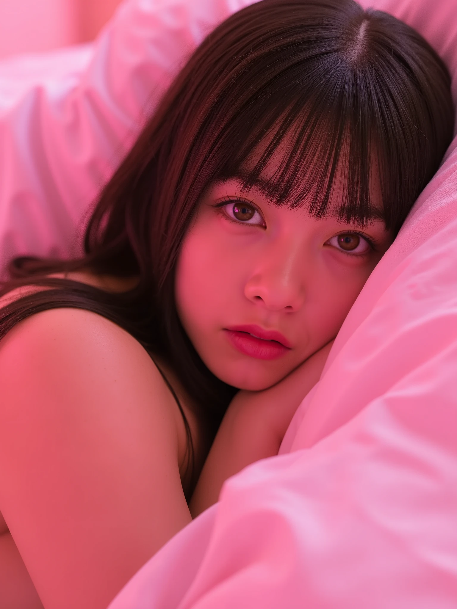 ( by Nomi、photo by Nomi:1.37)、 Hashimoto Kanna, one woman、 beautiful、Perfect looks、(((Beautiful small breasts)))、(( completely naked))、 on the bed、 pale pink light above the bed、 beautiful肌