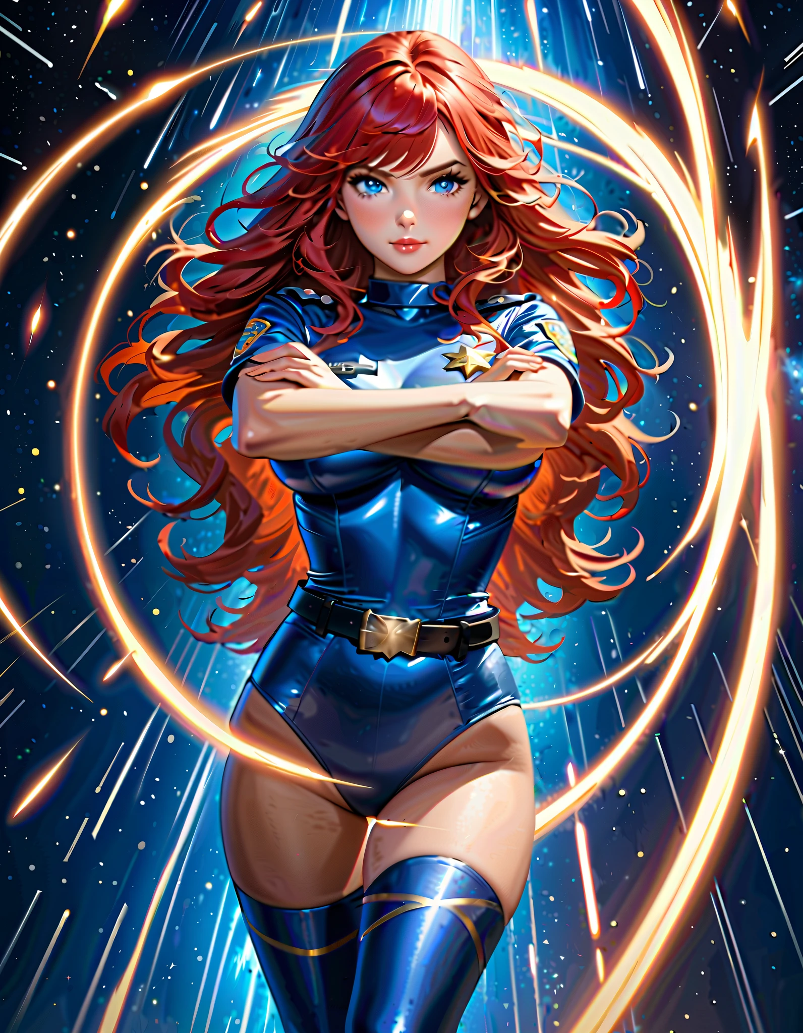 score_9, score_8_up, score_7_up, score_6_up, score_5_up, score_4_up, Sexy, Superheroine, Red hair, long hair, busty, ((blue highleg leotard with a t-back thong and a gold star insignia on chest)), gold boots, gold gloves