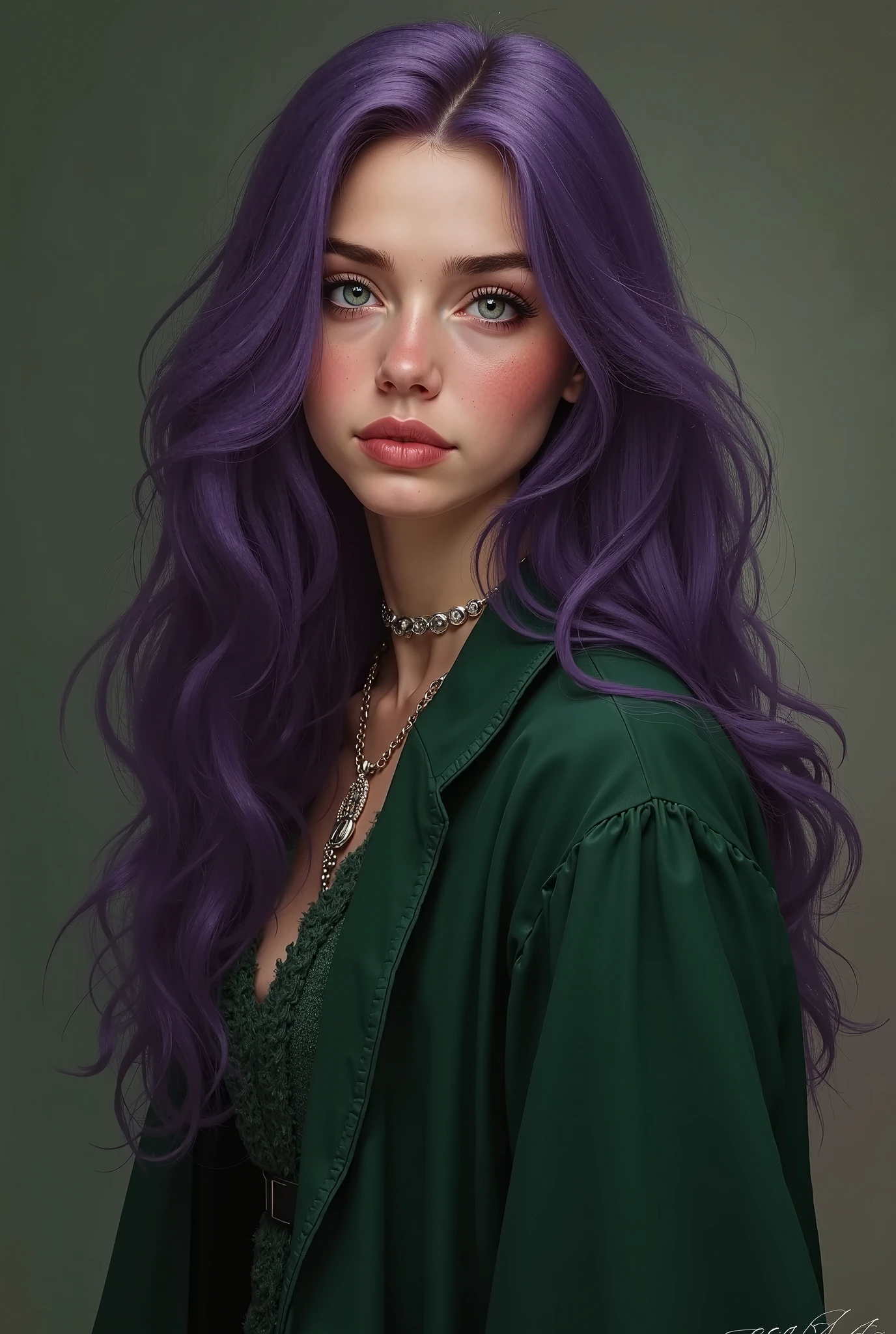 A close up of a woman with purple hair and a green shirt - SeaArt AI
