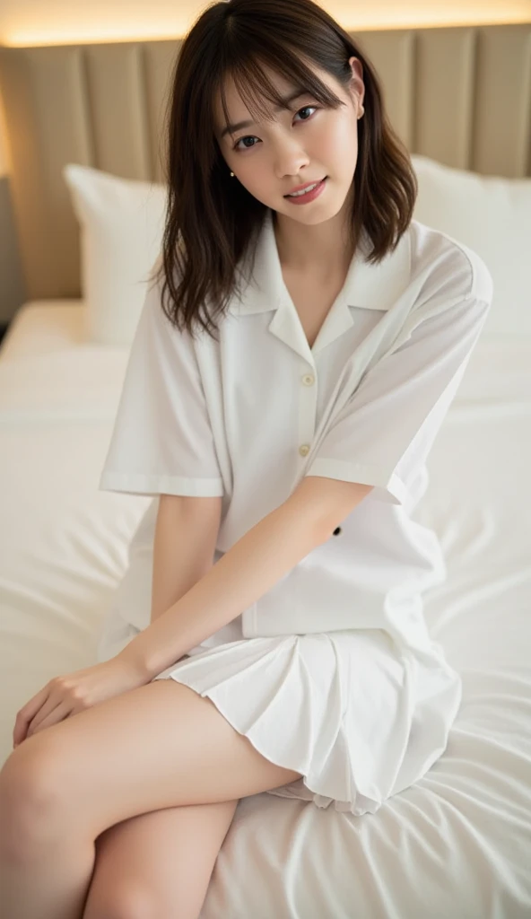 独奏， Solid color nurse cap， white  clothes， Nurse style view， sit on a bed， adolable， brown  hair， Plain white sheets， stocklings， Armpits are visible， thighs visible，White knee-length socks，No underwear