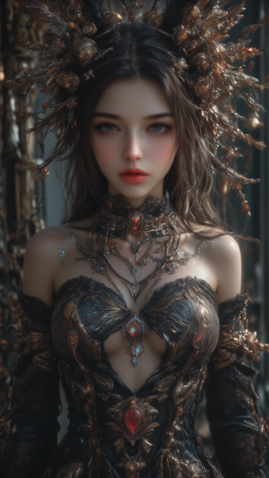 portrait Elle Fanning, wearing beauty spider outfit, against the background of a spider web, 7 0 3 0 s, curly hair, intricate, elegant, highly detailed, digital painting, artstation, concept art, smooth, sharp focus, illustration, art by thomas kindkade, charlie bowater, artgerm, greg rutkowski, alphonse mucha and alexandra fomina, 36k, glittering, shining
