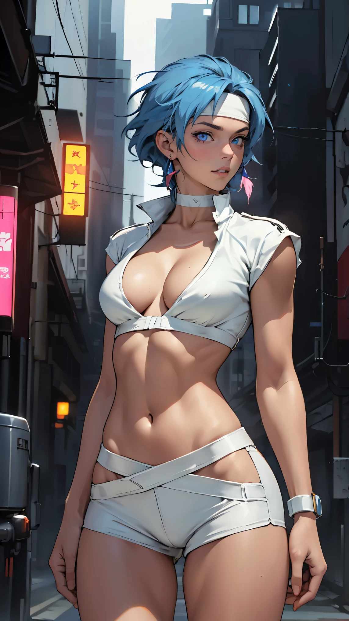 ((Masterpiece, highest quality; 1.3)), super quality, beautiful detail, super detailed, extra fine, 16K, exquisite, absurd, high resolution, beautiful background, detailed background, beautiful eyes, beautiful skin, anime style, Kay from Dirty Pair in a white outfit, tight outfit, cleavage, bushy redhead beauty, very light blue uniform, wearing tight clothes, skimpy, (mid chest: 1.2), cleavage, cleavage, slim waist , thin waist, slim thighs, thin legs, slim legs. thigh gap, showing stomach, skinny, thin hips, cyberpunk city background, holding retro space gun , headband, 