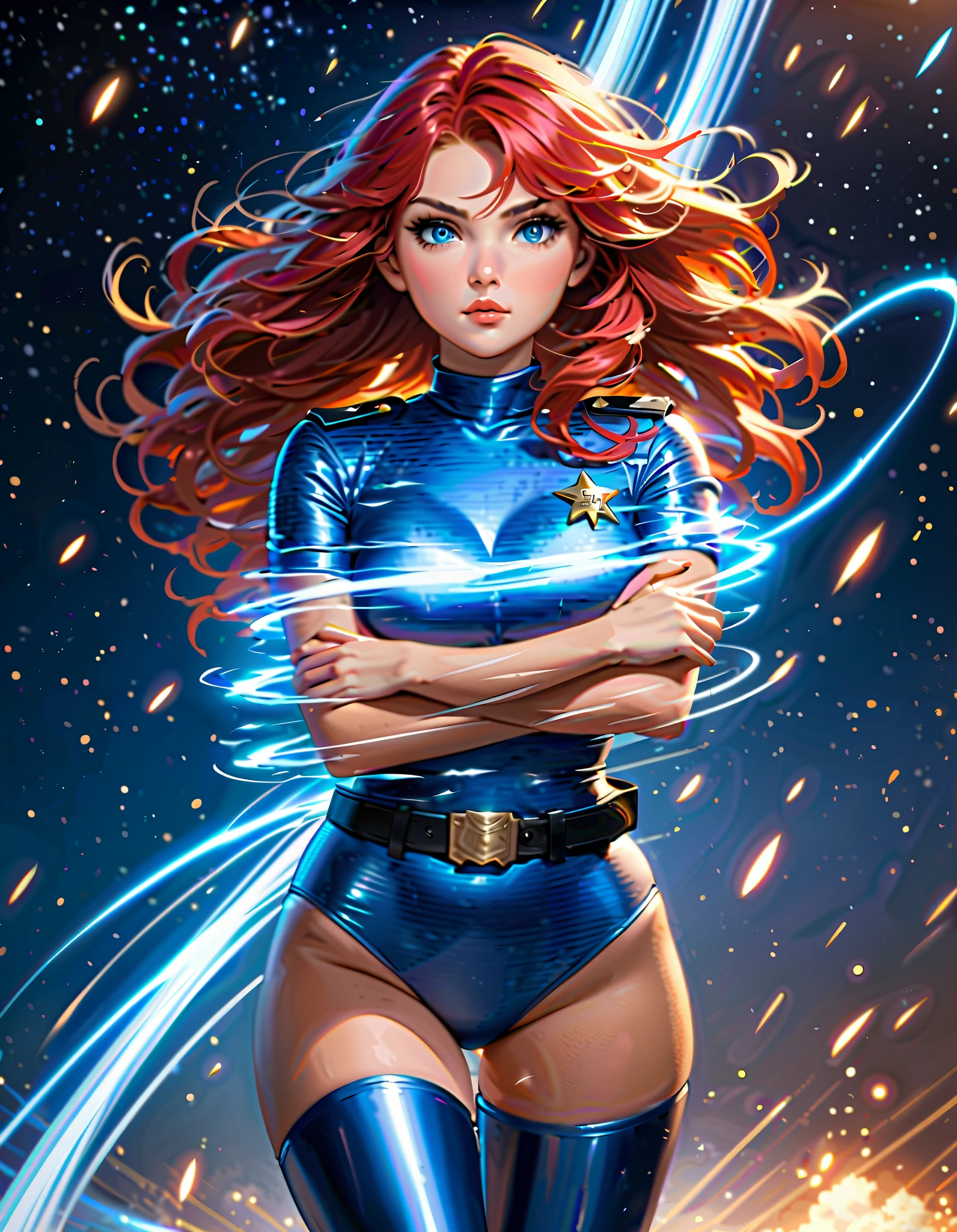 masterpiece, Sexy, Superheroine, Red hair, long hair, busty, ((blue highleg leotard with a t-back thong and a gold star insignia on chest)), gold boots, gold gloves,