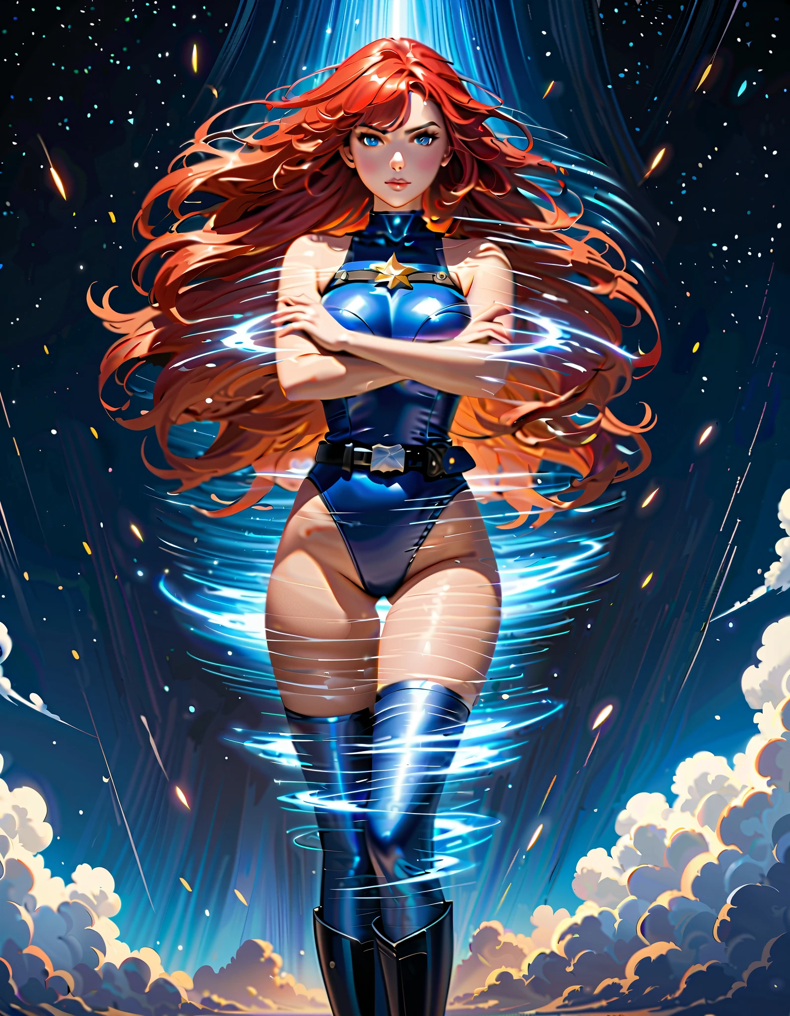Sexy, anime screencap, Superheroine, Red hair, long hair, busty, ((blue highleg leotard with a t-back thong and a gold star insignia on chest)), gold boots, gold gloves