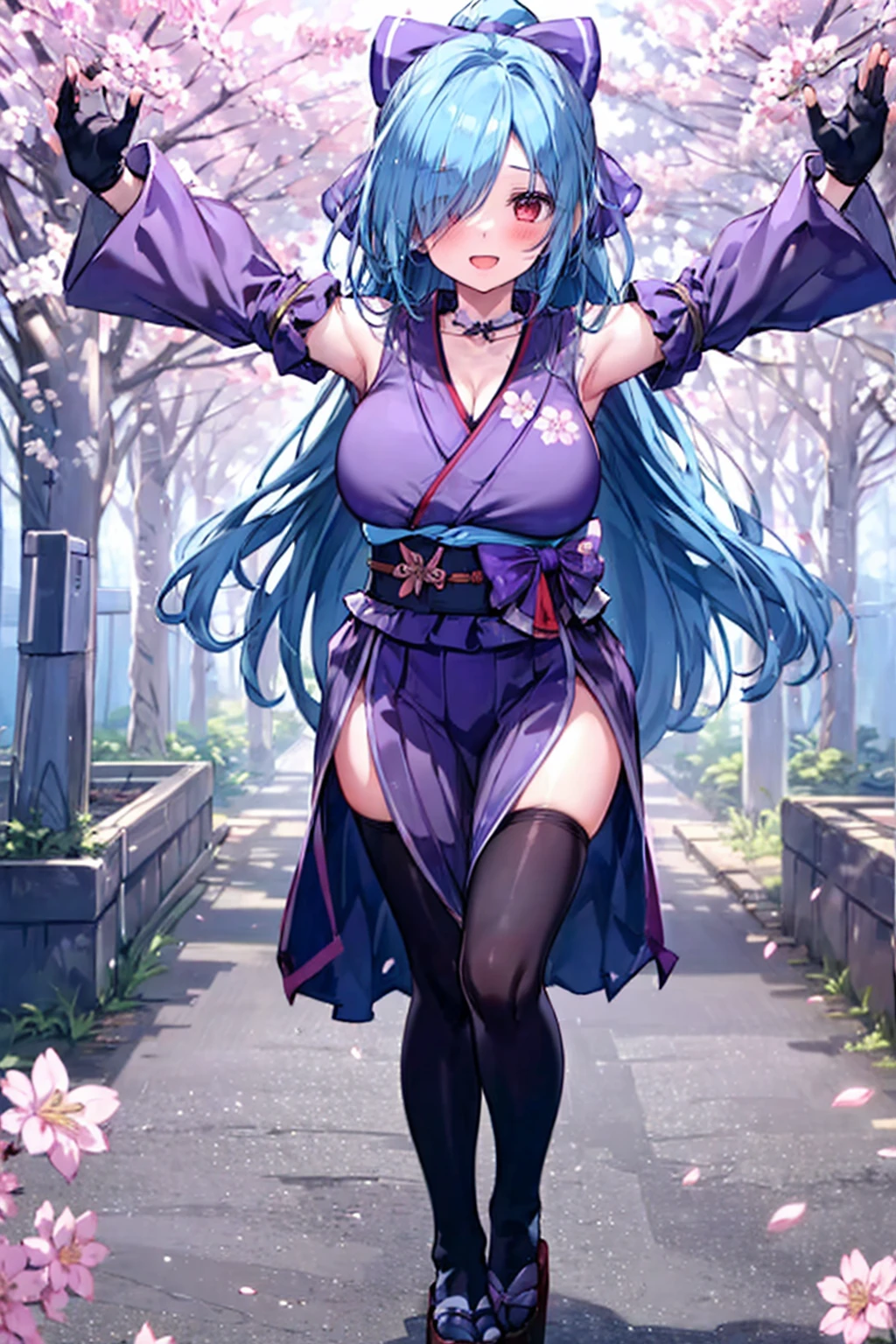 Rimuru tempest, 1girl, solo, cute kimono, wooden sandals, black thighhighs, medium breast, cleavage, japan akihabara, night view, hair between eyes, long hair, looking at viewer, light blue hair, blue short nails, solo, thighhighs, thighs, ((masterpiece)), standing, sexy pose, blush, shy, show teeth,