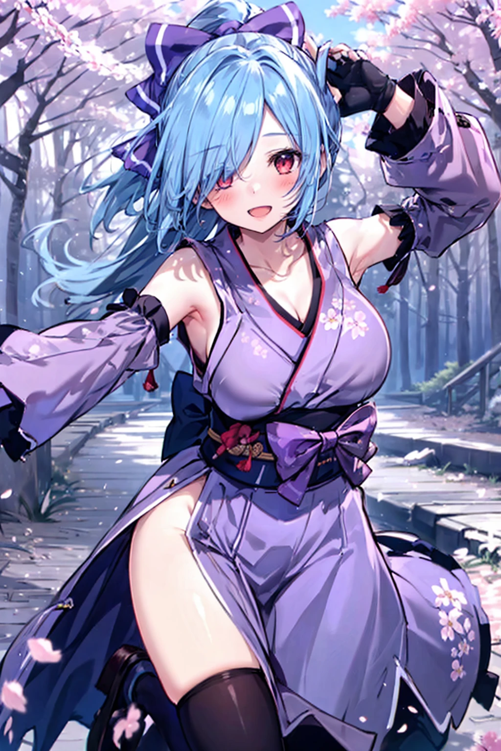 (masterpiece, Highest quality), One girl,  Ragnarok_Ninja, Blue clothes, Red scarf,  Cherry blossom background,  Big Breasts、NSFW,Crouching、blush、Glare、Smaller nipples、Black Hair,Ponytail