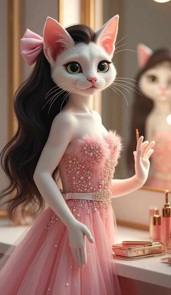 a young and glamorous anthropomorphic white young cat with soft, sleek fur, striking green feline eyes, and long flowing dark hair. She has a perfectly sculpted feline face with a refined jawline and expressive features, exuding confidence and charm.A full-length, elegant light pink gown. The gown features a shimmering sequin wave pattern, giving it a luxurious and festive look. The bodice is adorned with pearl embellishments, adding a touch of elegance. The dress has long, soft pink sleeves for a graceful appearance. A stylish white belt with a delicate side bow wraps around the waist. On the shoulder, there is a large decorative pink bow for a fashionable touch. The fabric is netted with a glittery texture, making it perfect for special occasions like weddings and parties. The background is neutral and softly lit, highlighting the beauty of the dress. She stands gracefully beside a sleek, modern vanity mirror in a luxurious, contemporary room with elegant décor, ambient lighting, and a chic vanity table adorned with high-end makeup products. Holding a makeup brush delicately, she applies blush to her flawless furred face, her poised expression reflected in the mirror. The scene is cinematic, with a rich, detailed atmosphere that captures her elegance, confidence, and modern aesthetic.