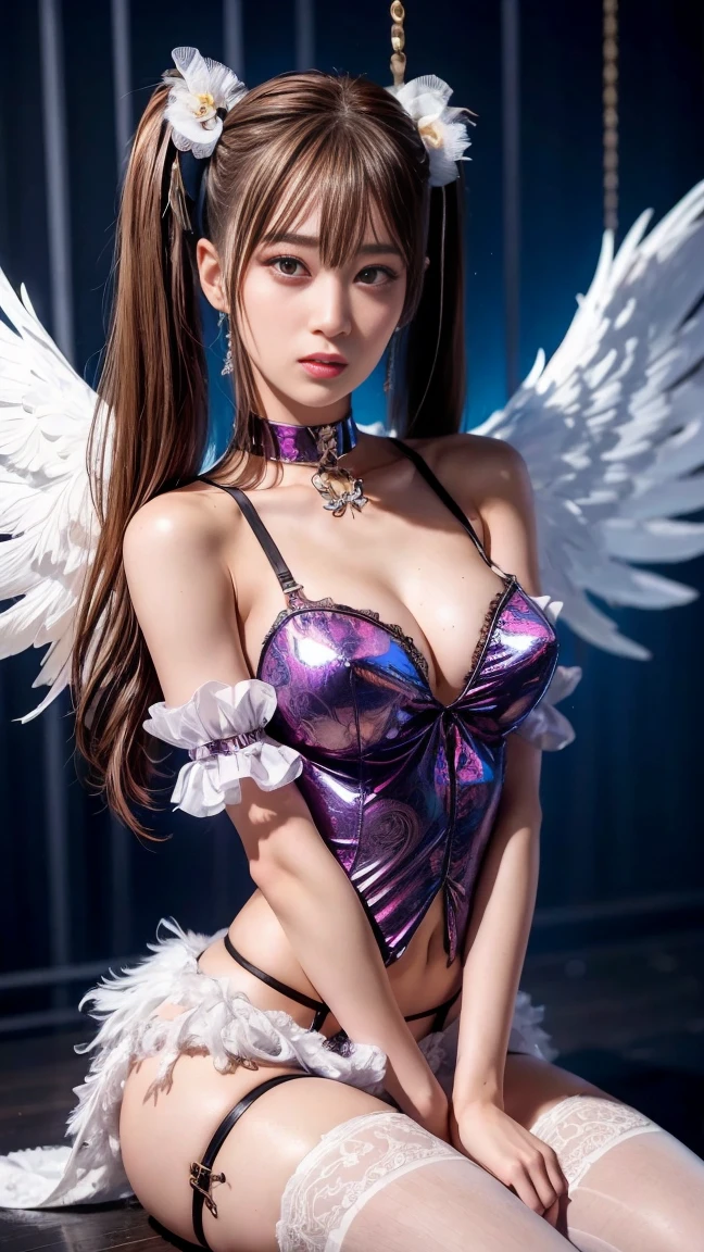 1girl, cross-laced leotard, cleavage, bow, detailed face, looking at viewer, clavicle, shoulder, captivating breast, (15yo, cute:1.2), (breasts:1.2), sexually attractive, (best quality, masterpiece:1.2), (best illustration), (extremely detailed illustration), (blonde hair, twintails), (thighs), angel, angel wings, bird wings, detailed feather, book, book stack, bookmark, clipboard, feathered wings, feathers, flower, garter belt, grimoire, hair ornament, lace, (lace-trimmed:1.4), legwear, panties, lingerie, notebook, open book, paper, papers, purple theme, rose, thighhighs, BREAK, (wet shiny sweating oily skin:1.4),