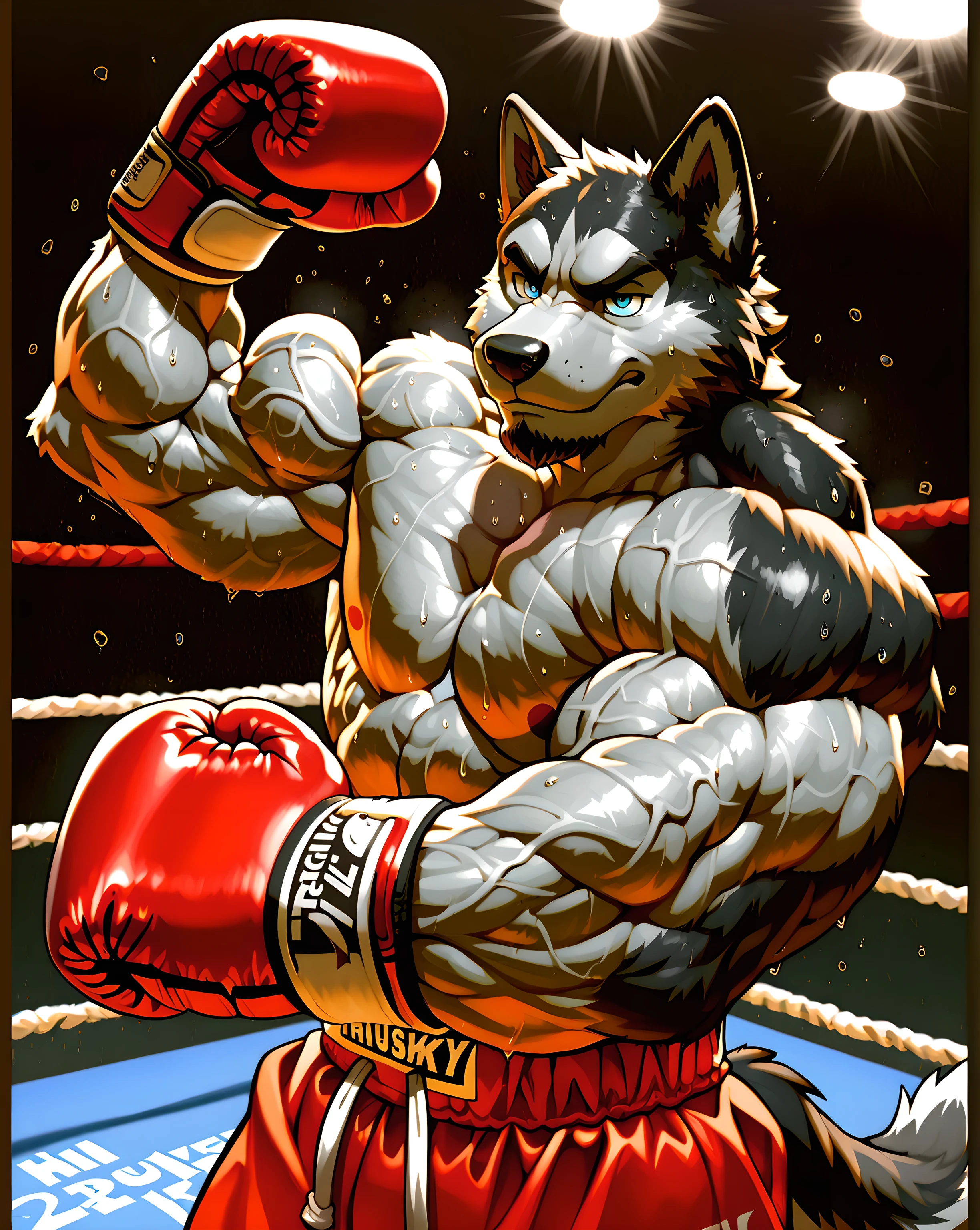 husky boxing, husky, "husky", 4k ultra quality, 4k, masterpiece quality, (sweaty, thick arms), very muscular, male, solo, bulging muscles, boxing gloves, boxing_trunks, action pose, (flexing, veiny muscles), matured, small beard, stern face
