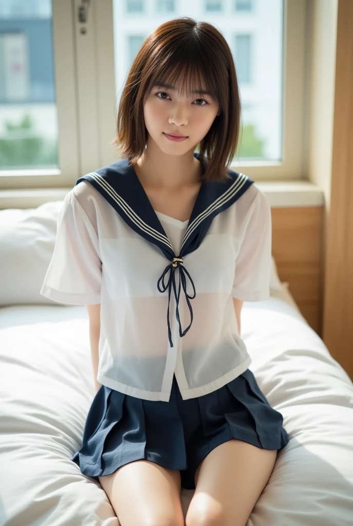 nsfw, (spread pussy:1.3)、(masterpiece:1.3), (8k, Photorealistic, RAW Photos, Best image quality: 1.4), Japanese, (1 female), Beautiful Face, round face,A little small chin, (A vivid face),Young, (Rounding short:1.3), Beautiful hairstyle, Hair fluttering in the wind、Realistic eyes, Beautiful Eyes, Slightly sleepy eyes,Round eyes,(Realistic Skin), Beautiful Skin, Charm, Ultra-high resolution, Surreal, Attention to detail, Golden Ratio, Detail Makeup,Seeing the viewer,Small breasts、Thin pubic hair、(Baby Face:1.2)、Sailor suit、Light freckles、(whole body:1.37) 、14age、cute、information、Full body shot,embarrassed,blush,masturbation, dildo