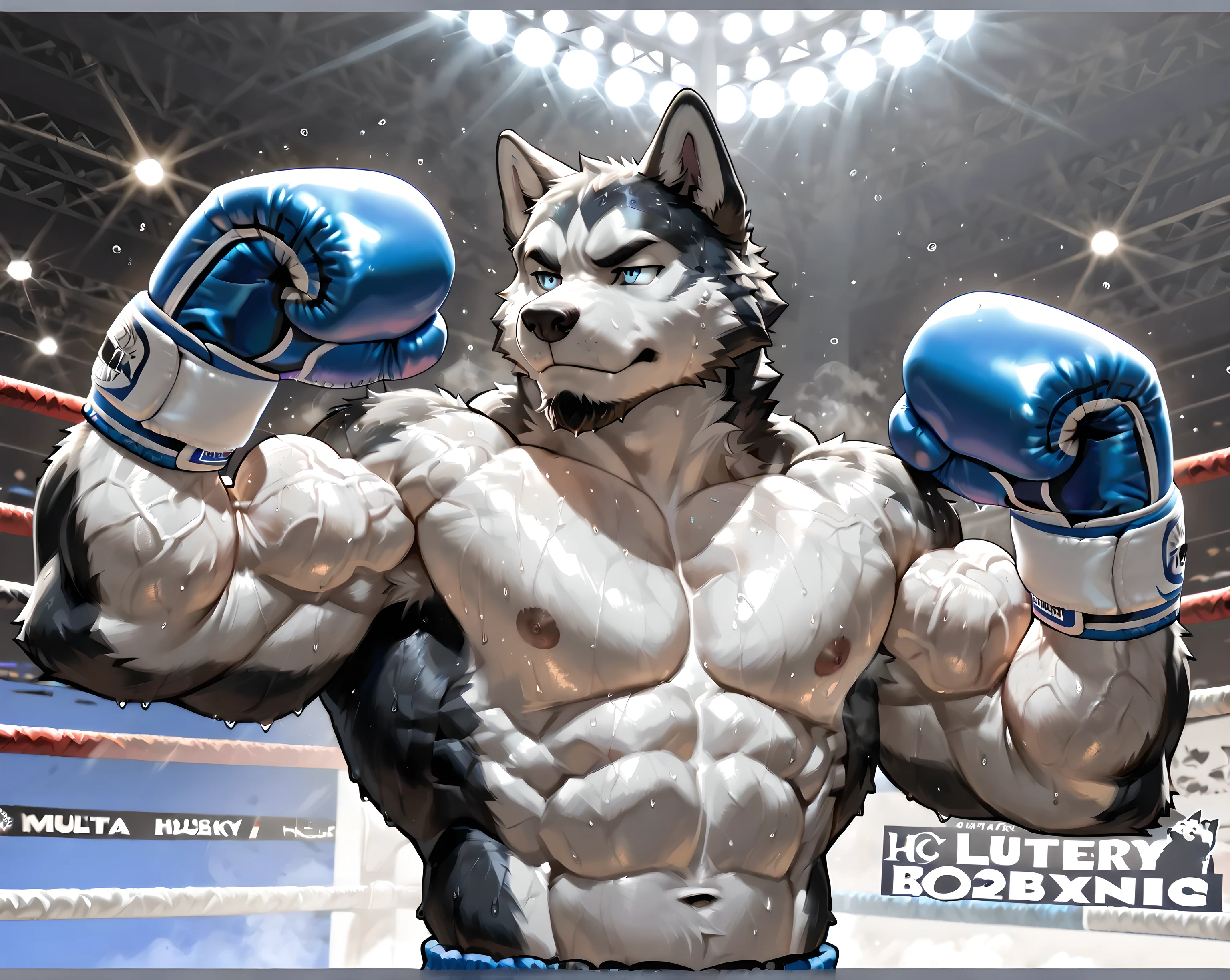 husky boxing, husky, "husky", 4k ultra quality, 4k, masterpiece quality, (sweaty, thick arms), very muscular, male, solo, bulging muscles, boxing gloves, boxing_trunks, action pose, (flexing, veiny muscles), matured, small beard, stern face, glow