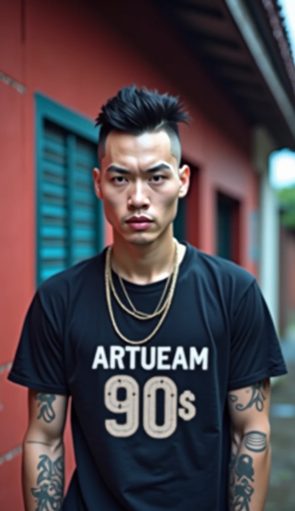 natural lights, ghetto, lomography, gangsta, near car, city, Asian man, high cheekbones, stubble, facial hairs, UHD, wide angle, cool style, tattoos, face tattoos, Hmong, masterpiece, ultra realistic, 16k-imagine, one eye white, scar on face