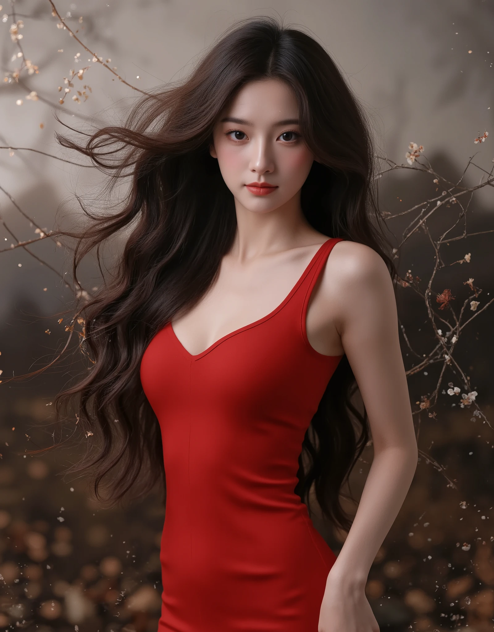 Girl in tight red dress, curly long hair, surrealism, super detail, UHD, textured skin