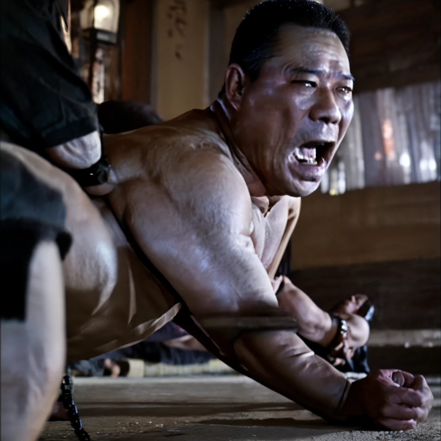 Middle aged man in his 50s 、 Fat Japanese living with pigs , 1 person, Little person syndrome, in chains、 Crawling on the ground , bowing shyly with his forehead on the floor , dogeza, crew cut, wearing Japanese-style white loincloths , Shirtless in the lobby , Bare legs, shy, Tears in my eyes, Bone spurs on the foot, Decayed and dusty barn , photos, 高解像度の photos, masterpiece、((((( anal sex)))))