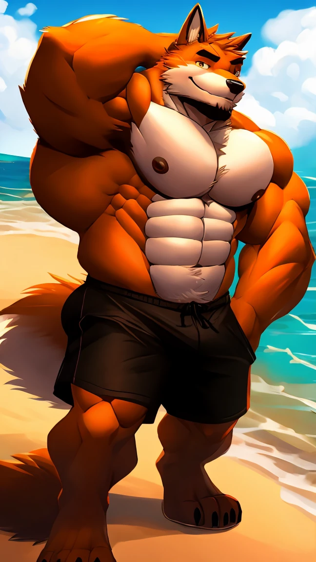 PRO competitive bodybuilder, nj5furry, (Arcanine, massive, huge, muscular), Arcanine, ((extremely realistic shadows, masterpiece, extremely detailed, photorealistic)), kemono, looking at the viewer, ((FRONT)), Arcanine, ((detailed face)) nose, blue eyes, ((detailed eyes)), skin, fur, height 3 meters high, the optimal height, tight clothing, 300 kg, body full of huge muscles; muscle and bulge pecs, ripped abs, gigachad, albino V-shaped body, thick waist, long legs, strong arms manly, handsome face, attractive cool calm face type with a kindsmile, topless. Beach, day, sun, sun rays; bulge in the crotch, wears a tight and revealing string mini thong that reveals huge, muscular thighs, bulge biceps, looking at viewer. (((wears a tight, revealing string thong))) A muscle bodybuilder in the making. A potential PRO competitive bodybuilder and bulged neck.