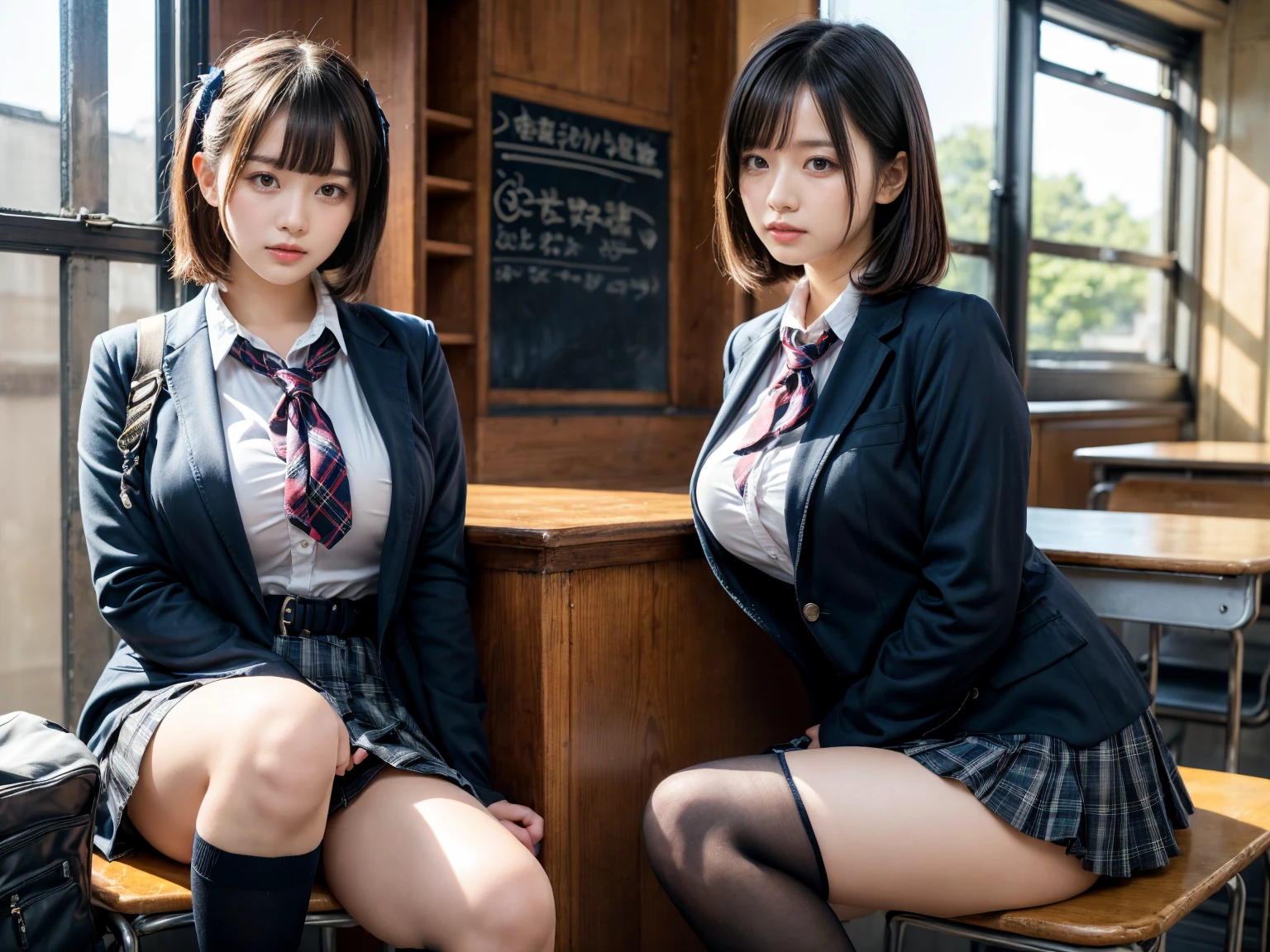Masterpiece* portrait, realistic, 3D face, wet skin, ik1, 1girl, tall, (thong with black hair, no shirt underwear, bow tie, red bow, open unbuttoned super short gray blazer)), huge breasts, buttocks, smile, close-up, outdoors, ((classroom, chemistry room))