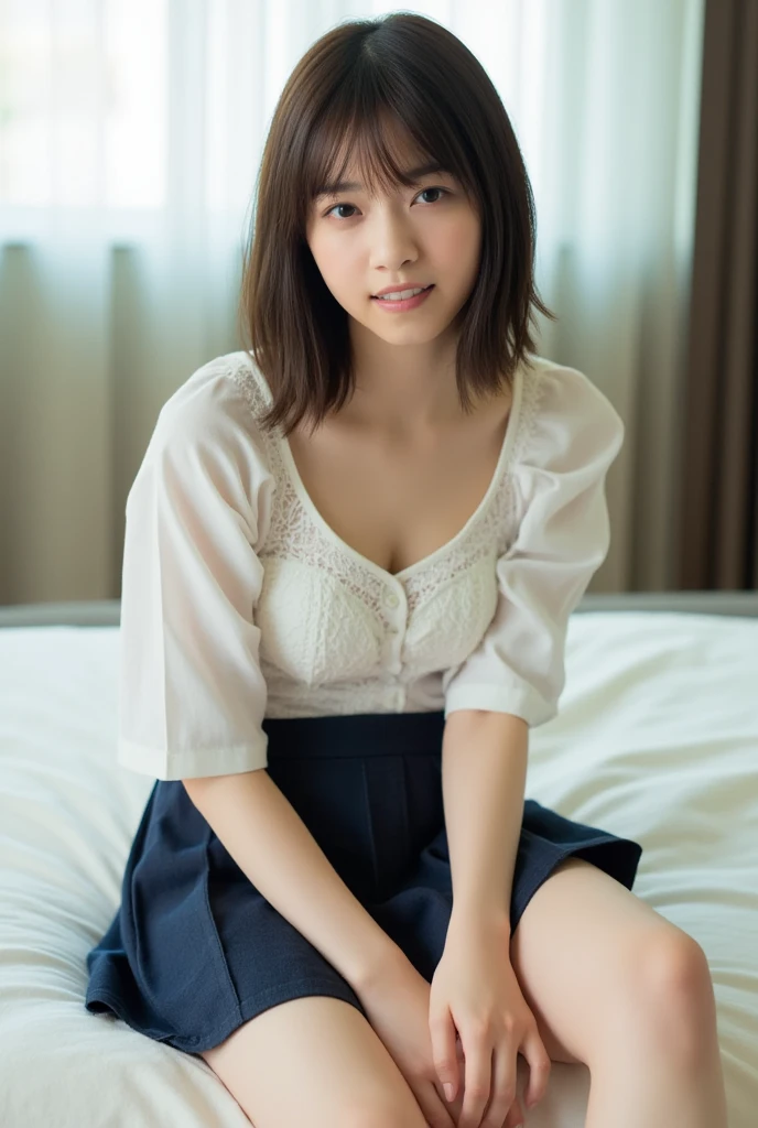 (Best Quality), masutepiece:1.2, 超A high resolution,Move the center of gravity back、Thin leg、((90 degree knees:1.4))、((heels on the ground:1.4))、((Put your hands forward from your feet、Put your feet in a ring of hands:1.5))、 ((cowboy  shot:1.4))、((Shot from below:1.4))、Photorealistic:1.4, Raw photo, ((In front of the fireplace in a dark mountain hut:1.4)), (Wide angle shot),  ((Collared short sleeve white shirt for students:1.4)),(1girl in),(15 year old girl), (Pink nipples show through:1.4), ((wetted skin:1.5)), (Real Skin), ((medium breasts⁩:1.4))、(Semi-long wavy hair, dark brown hair)、 ((Denim skirt:1.4)),((Not wearing panties:1.4))、((Detailed female genitalia、Pubic hair:1.4))、 (hyperdetailed face), ((shairband:1.4)), (Ultra detailed eyes), (Ultra-detailed nose), (Ultra detailed mouth), (Ultra detailed arms), (ultra detailed body), Pan Focus, gaze at the audience、((Glaring with an angry face:1.4))、((see -through))、((Wearing sneakers:1.4))、