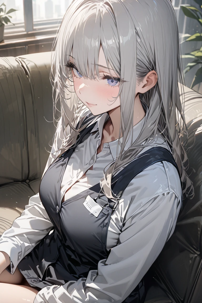 One lady,{Best Quality}, {ultra-detailliert}, {very detailed illustration}, Top image quality,silber hair, Aimei, embarrassed from,breastsout,red blush,Black tie,{Suspender Skirt},suspenders,skirt by the,long-sleeve,Casual clothing,a bed,all-fours,{bustup},front-facing view