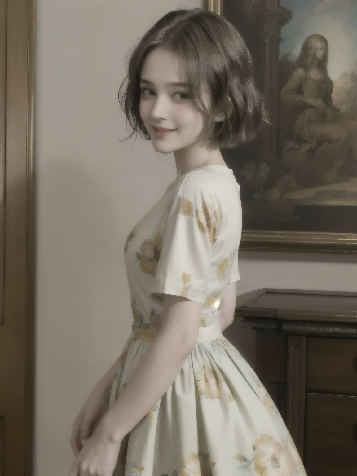 358 (20-year-old woman),( short hair), ( High Definition Photos ), (smile), (colorful floral dress), (Leonardo da Vinci paintings)