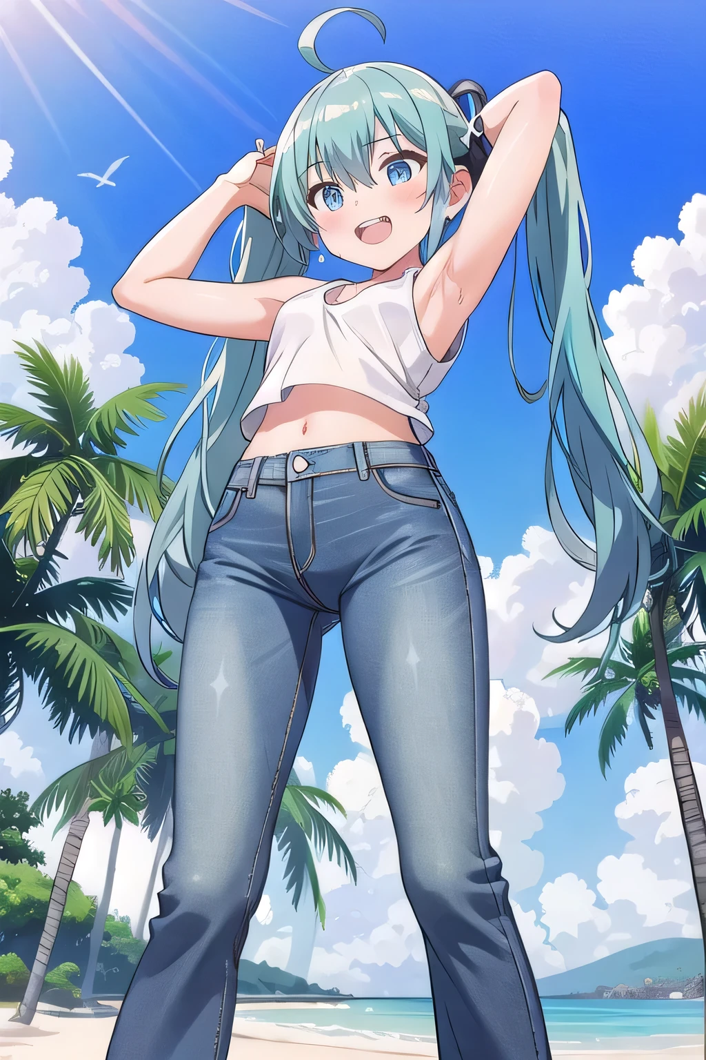 masterpiece,best quality,ultra detail, ((Perfect Face, Perfect Arms, Perfect hands, Perfect Fingers)), 1girl, , peti ((round face, ecstasy, orgasm face, drooping eyes, shame smiling, blush)), dropping eyes, sleepy, Open mouth, ((White teeth)), background((under the beach, (day:1.2), palm tree, bright sky)), miku hatsune, ahoge, aqua eyes, aqua hair, crossed bangs, hair between eyes, hair ornament, (long hair:1.4), headphones, twintails, ((arms behind head, hands behind head, fingers behind head)), ((contrapposto)), spread armpits, looking at viewer,, (white tank top:1.2), (white crop top:1.2), (jeans pants:1.2, flares jeans:1.2, skinny jeans:1.2, blue jeans:1.2), standing, (legs spread:1.4), sex pose, Sweaty crotch, Steam from the crotch, from below, whole body